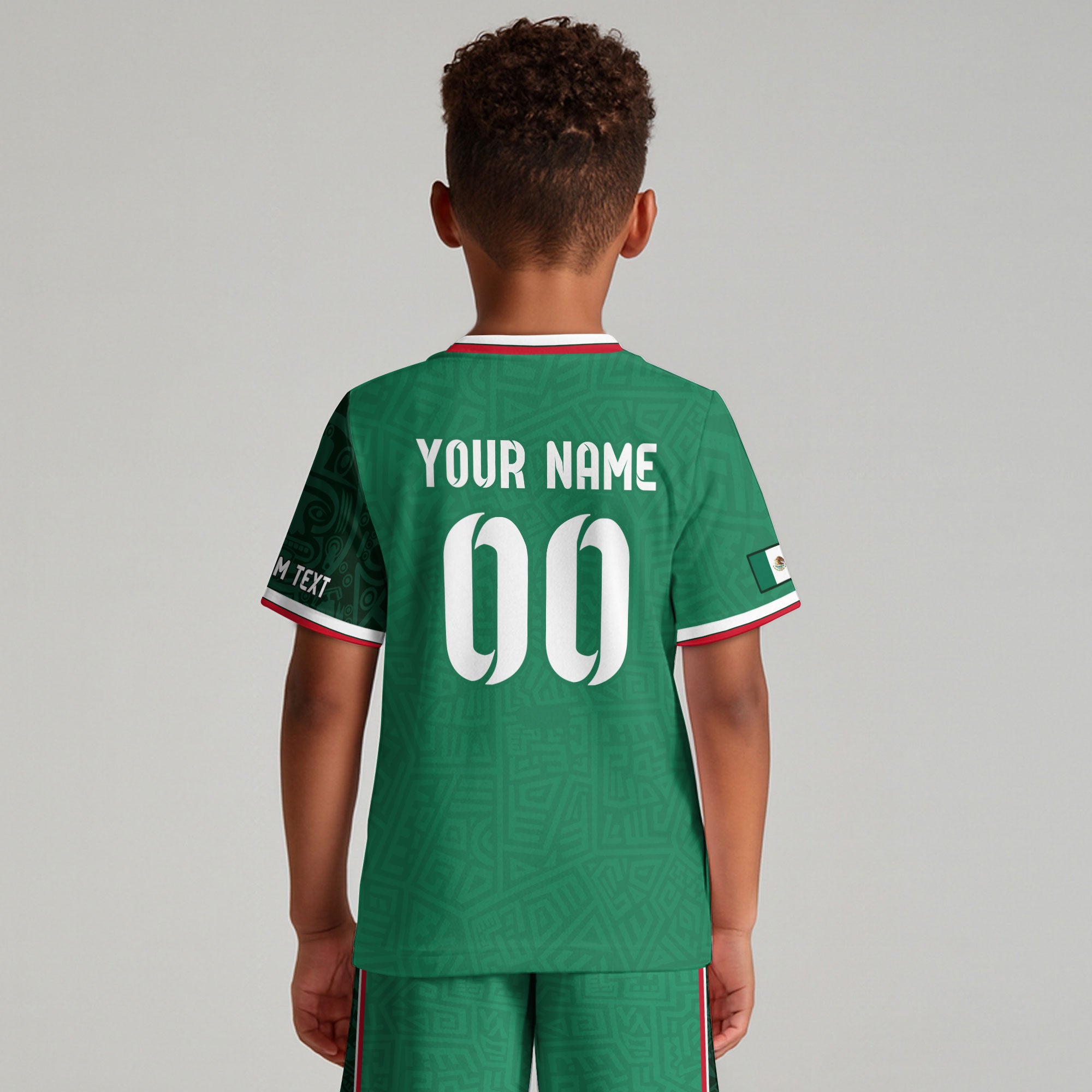 Custom Mexico Kids Soccer Jersey Green Flag Colors Aztec Pattern Design