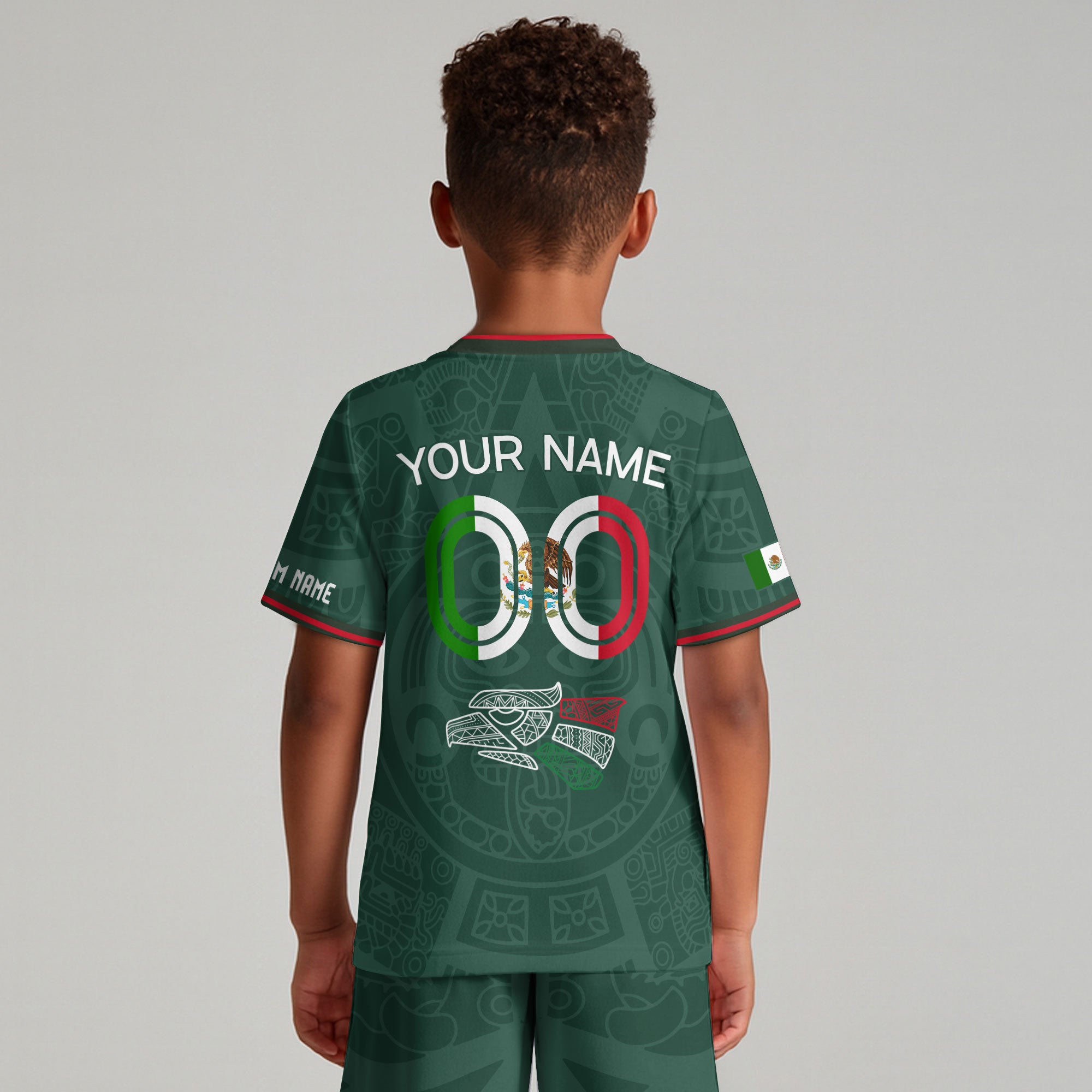 Custom Mexico Kids Soccer Jersey Green Heritage Flag Aztec Pattern Design