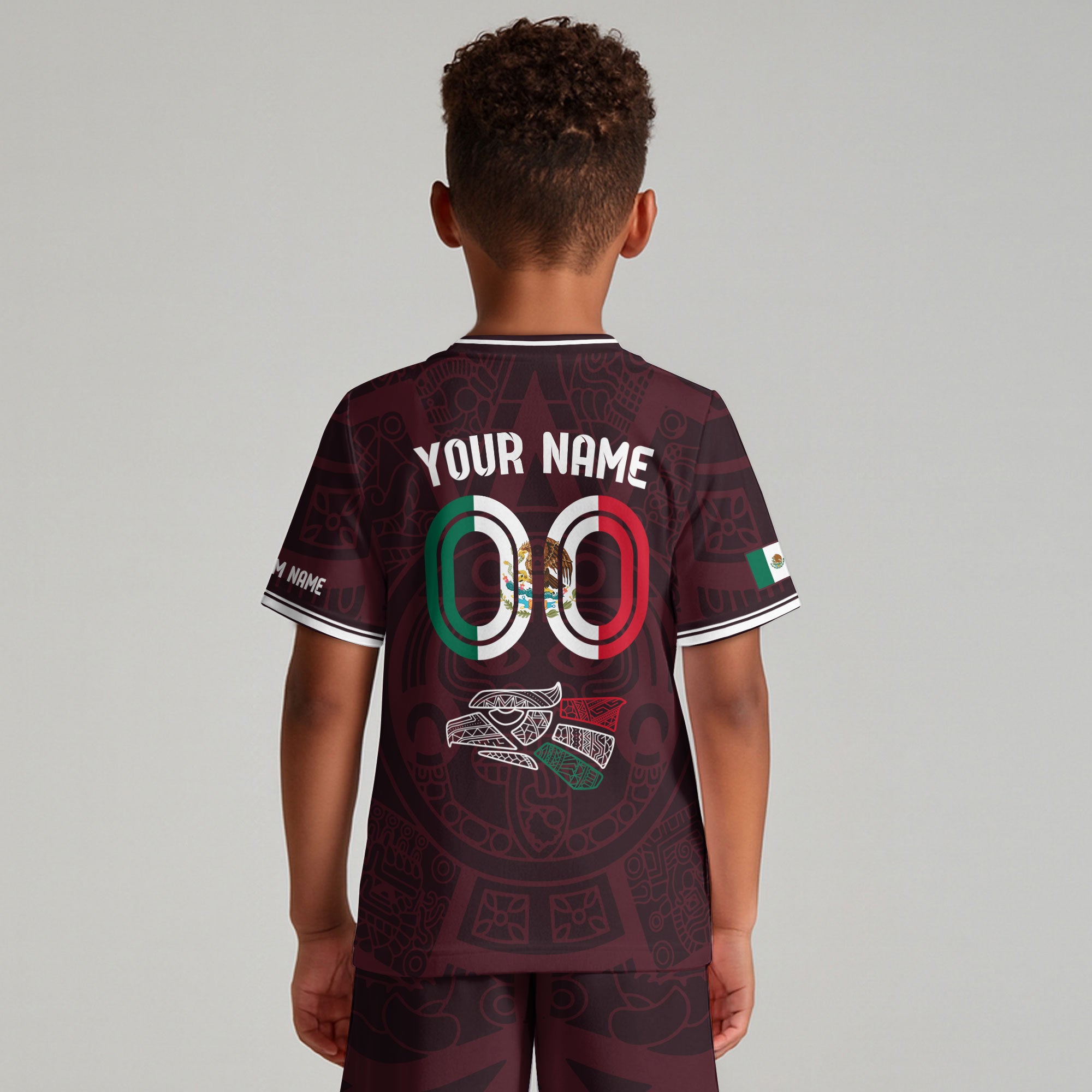 Custom Mexico Kids Soccer Jersey Burgundy Heritage Flag Aztec Pattern Design