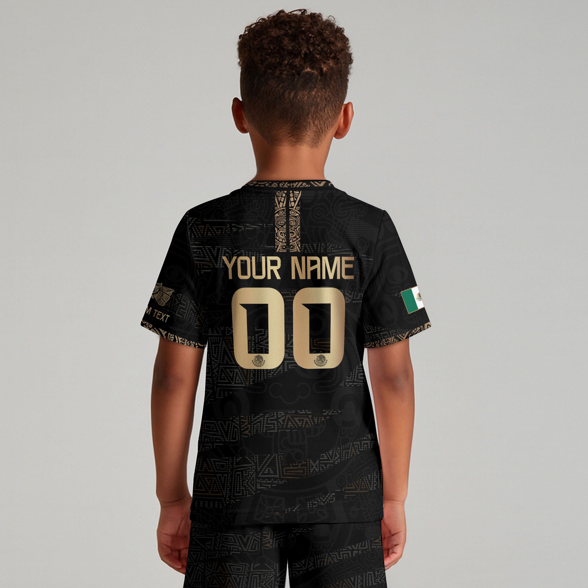 Custom Mexico Kids Soccer Jersey Black Gold Team Edition with Aztec Pattern