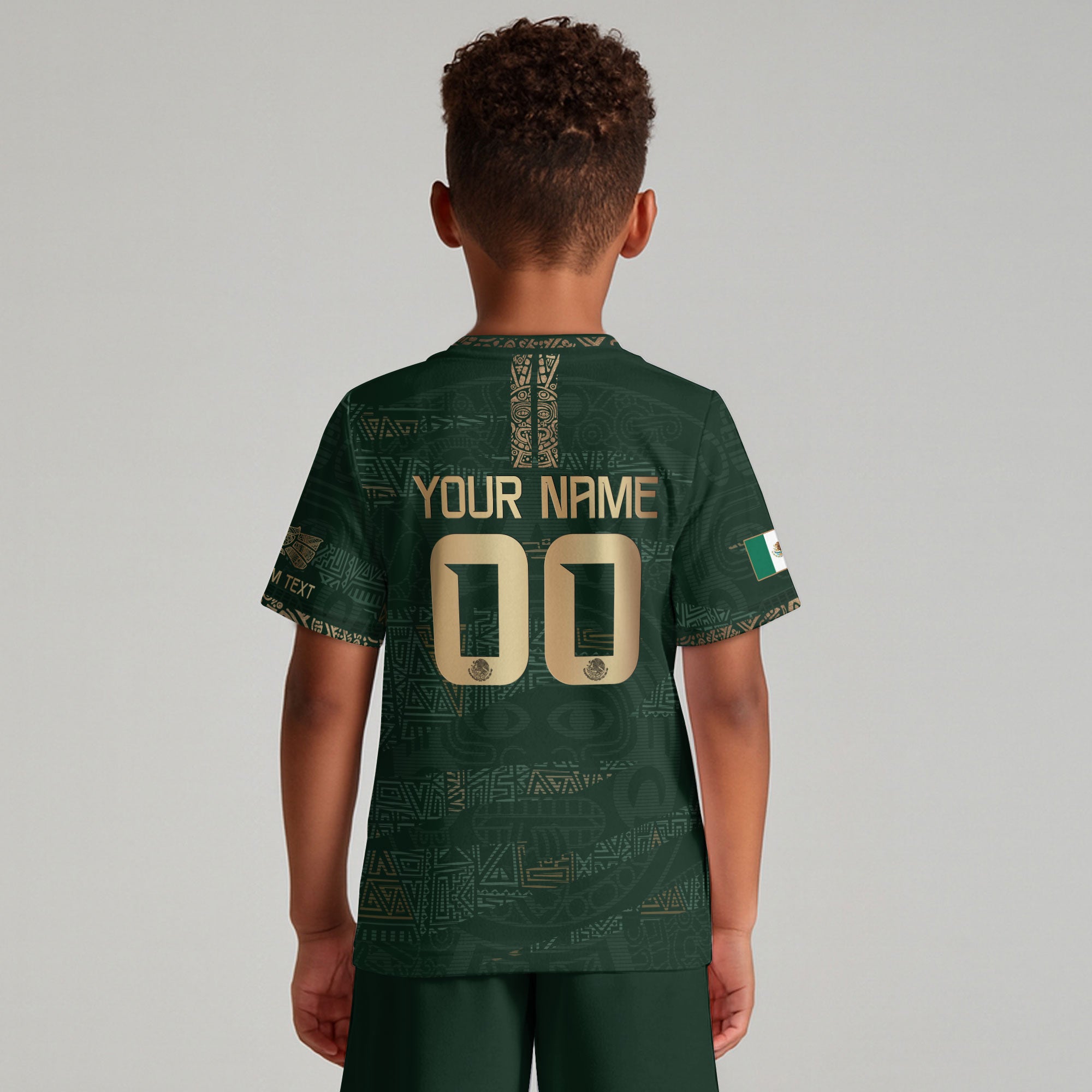 Custom Mexico Kids Soccer Jersey Green Gold Team Edition with Aztec Pattern Design