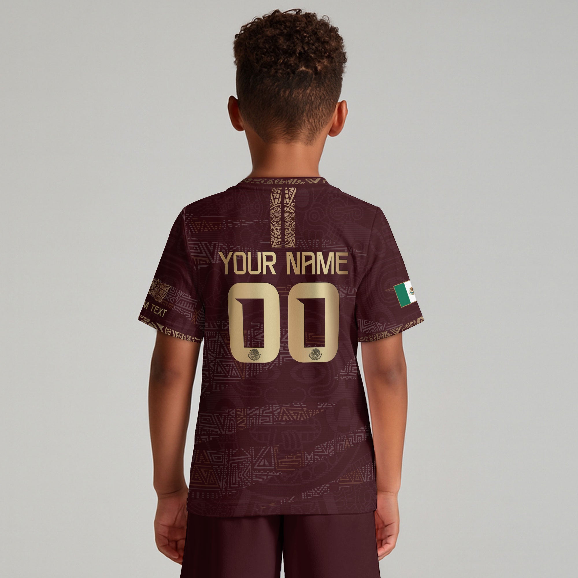 Custom Mexico Kids Soccer Jersey Burgundy Gold Team Edition with Aztec Pattern Design