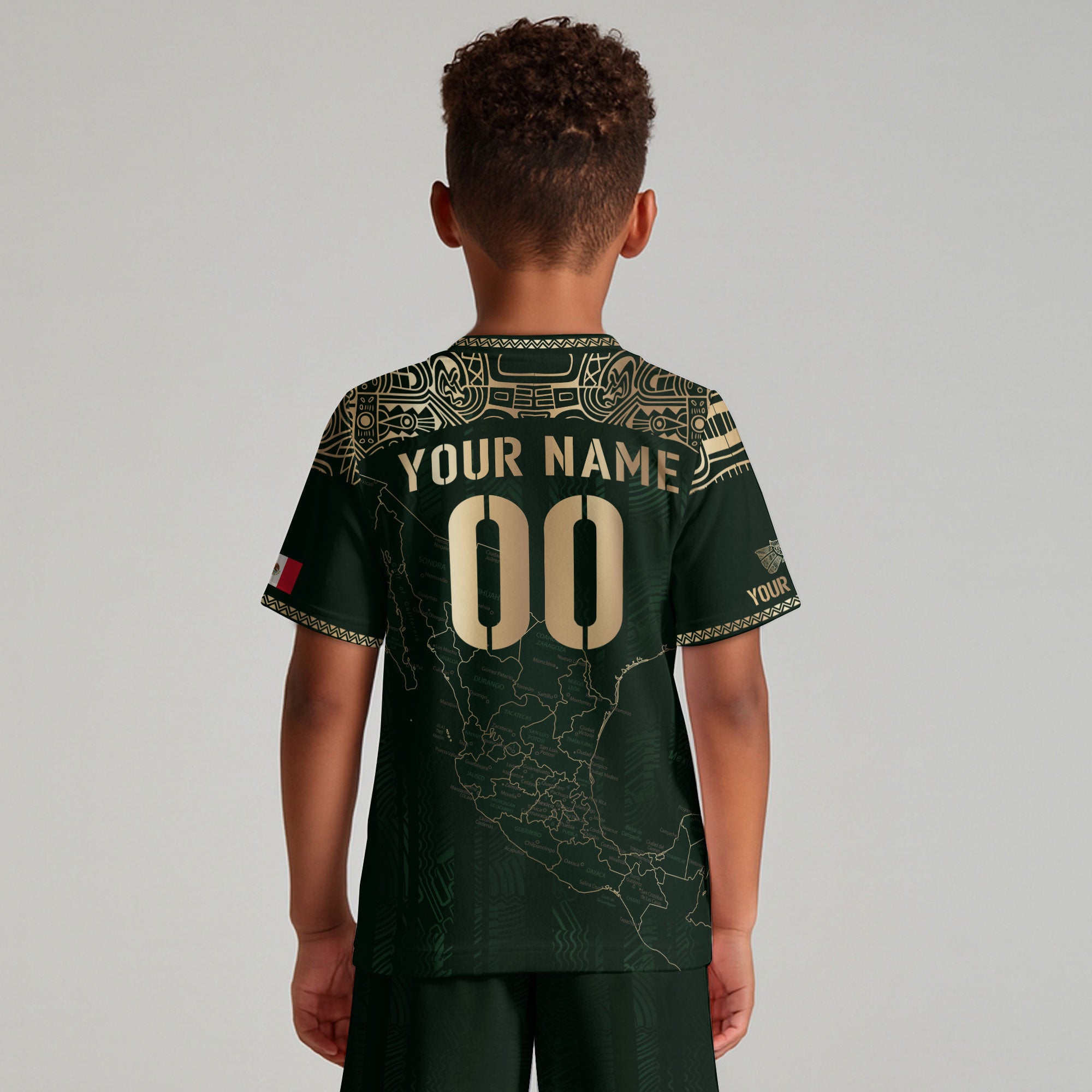 Custom Mexico Kids Soccer Jersey Green Gold Heritage Map Design