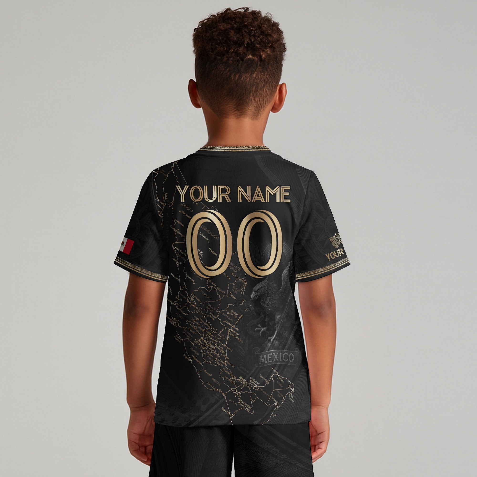 Custom Mexico Kids Soccer Jersey Black Gold Heritage Map Design