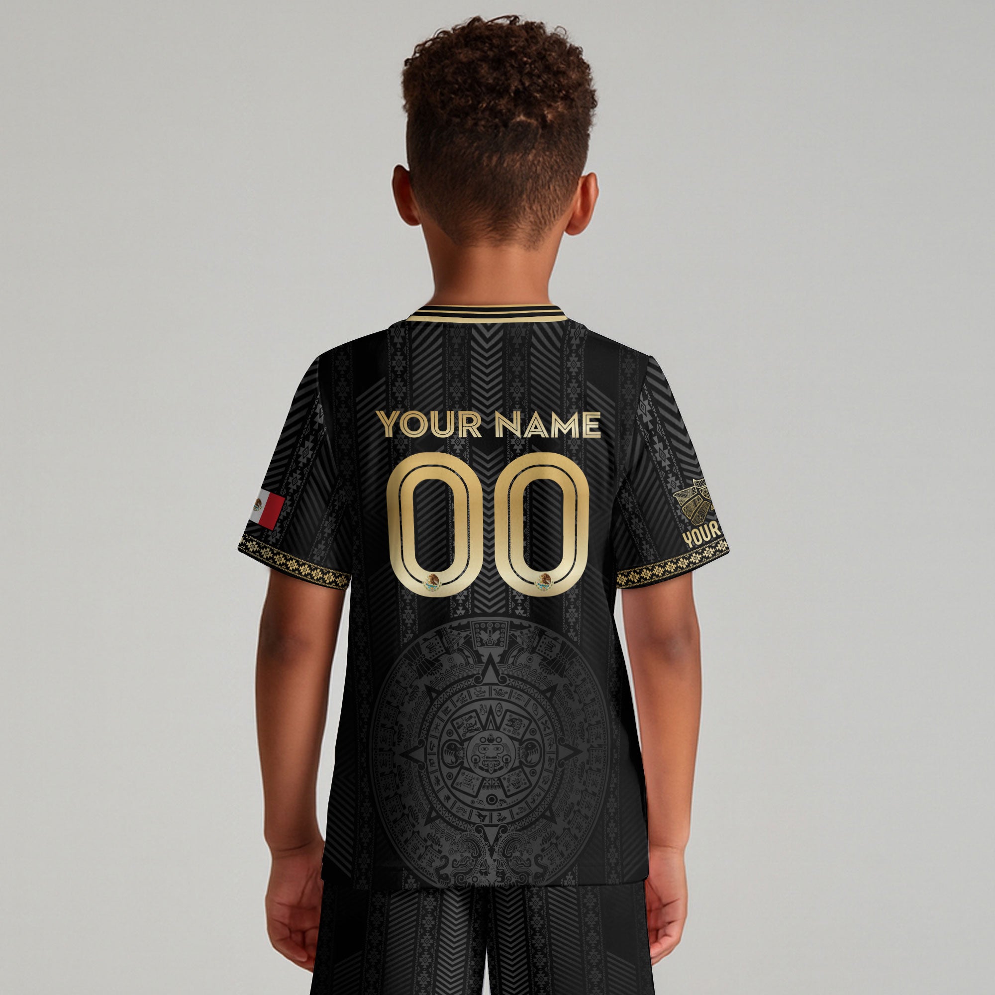 Custom Mexico Kids Soccer Jersey Black Gold Aztec Calendar Design