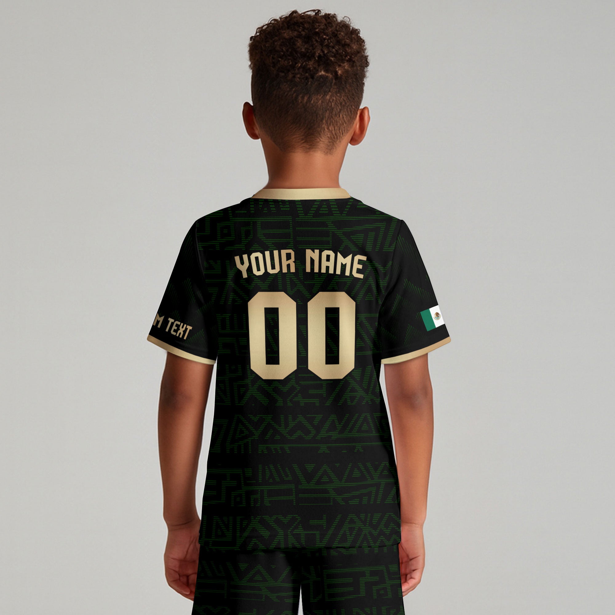 Custom Mexico Kids Soccer Jersey Black Gold Aztec Eagle & Serpent Design