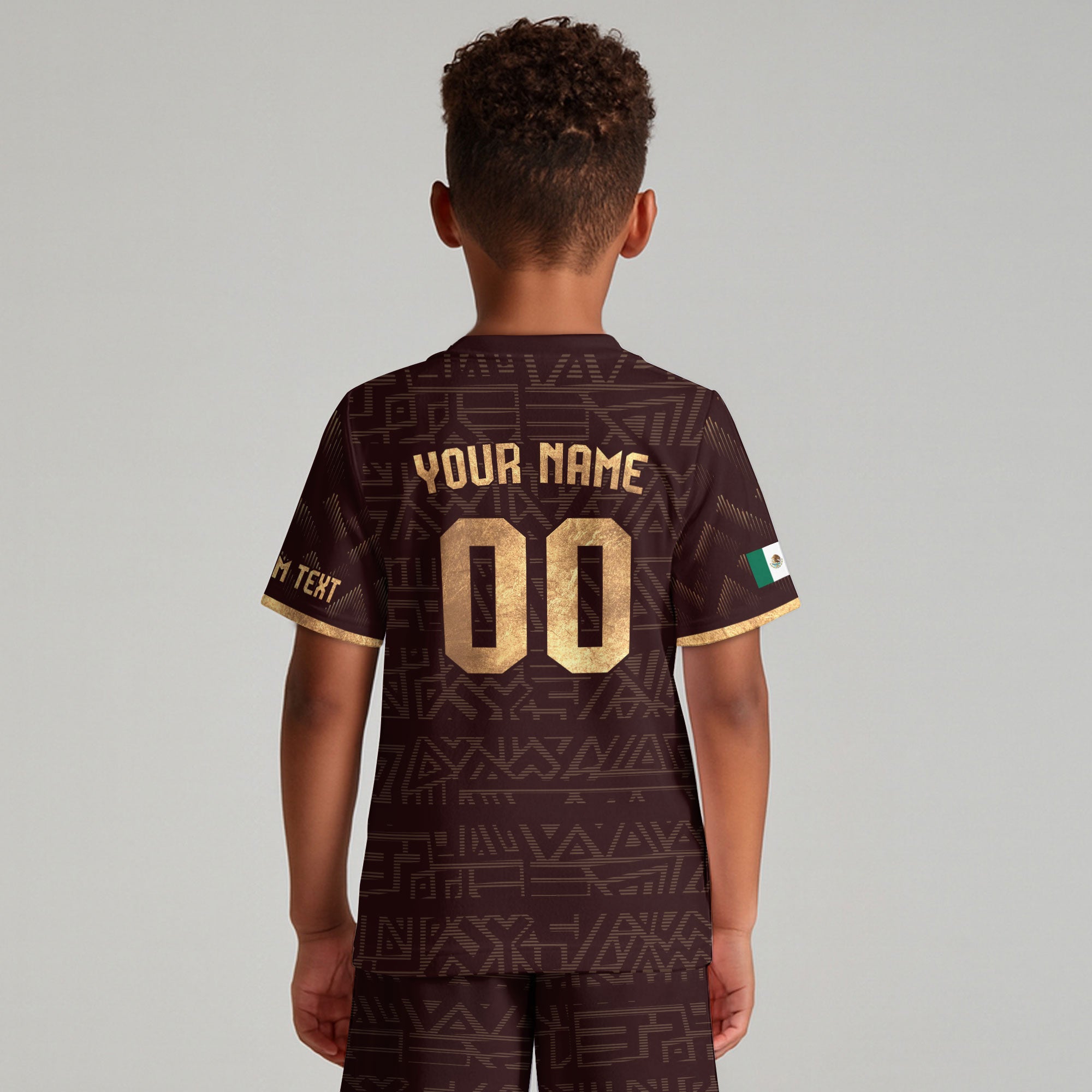 Custom Mexico Kids Soccer Jersey Burgundy Gold Aztec Eagle & Serpent Design