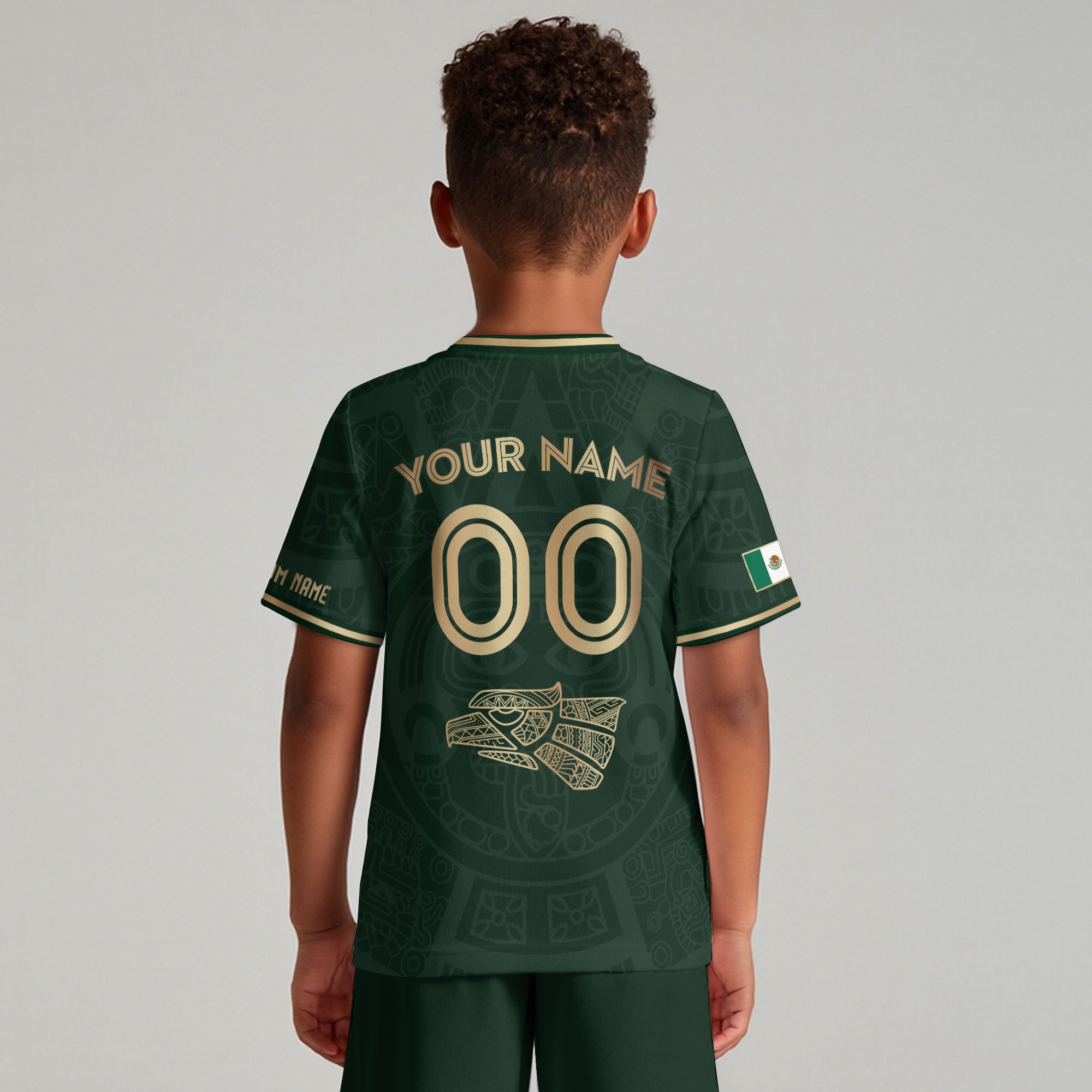 Custom Mexico Kids Soccer Jersey Green Gold Aztec Calendar Heritage Design