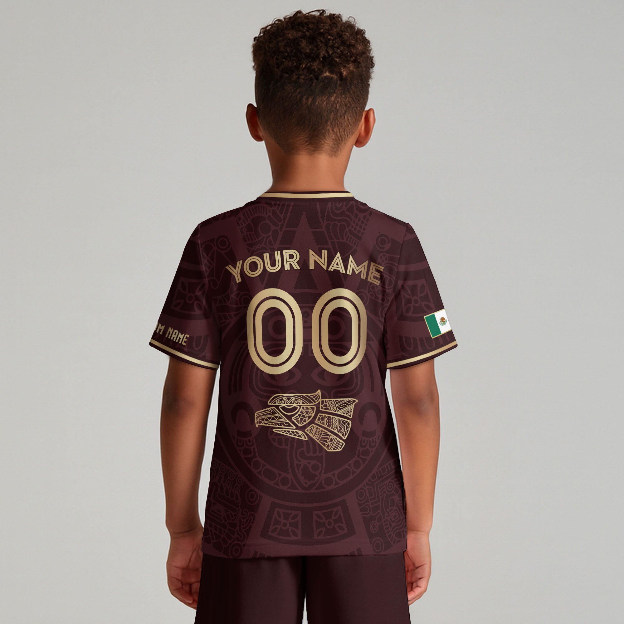 Custom Mexico Kids Soccer Jersey Burgundy Gold Aztec Calendar Heritage Design