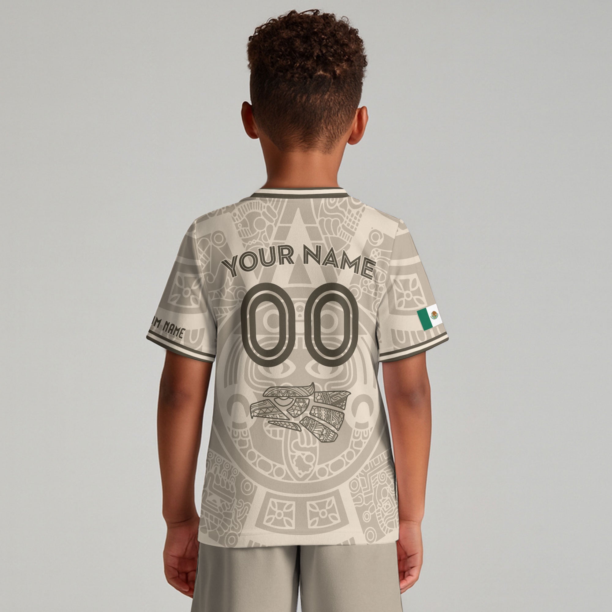 Custom Mexico Kids Soccer Jersey Beige Aztec Calendar Heritage Design