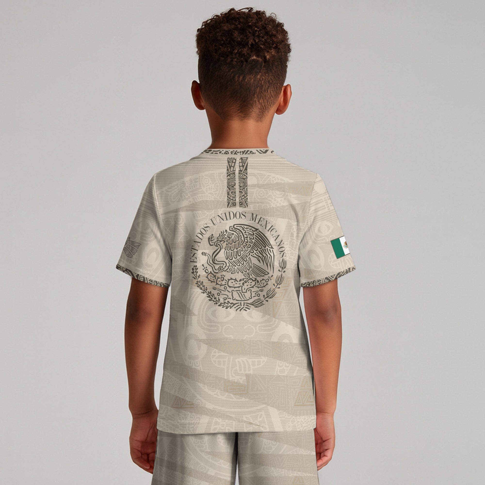 Mexico Kids Soccer Jersey Beige Aztec Eagle Design