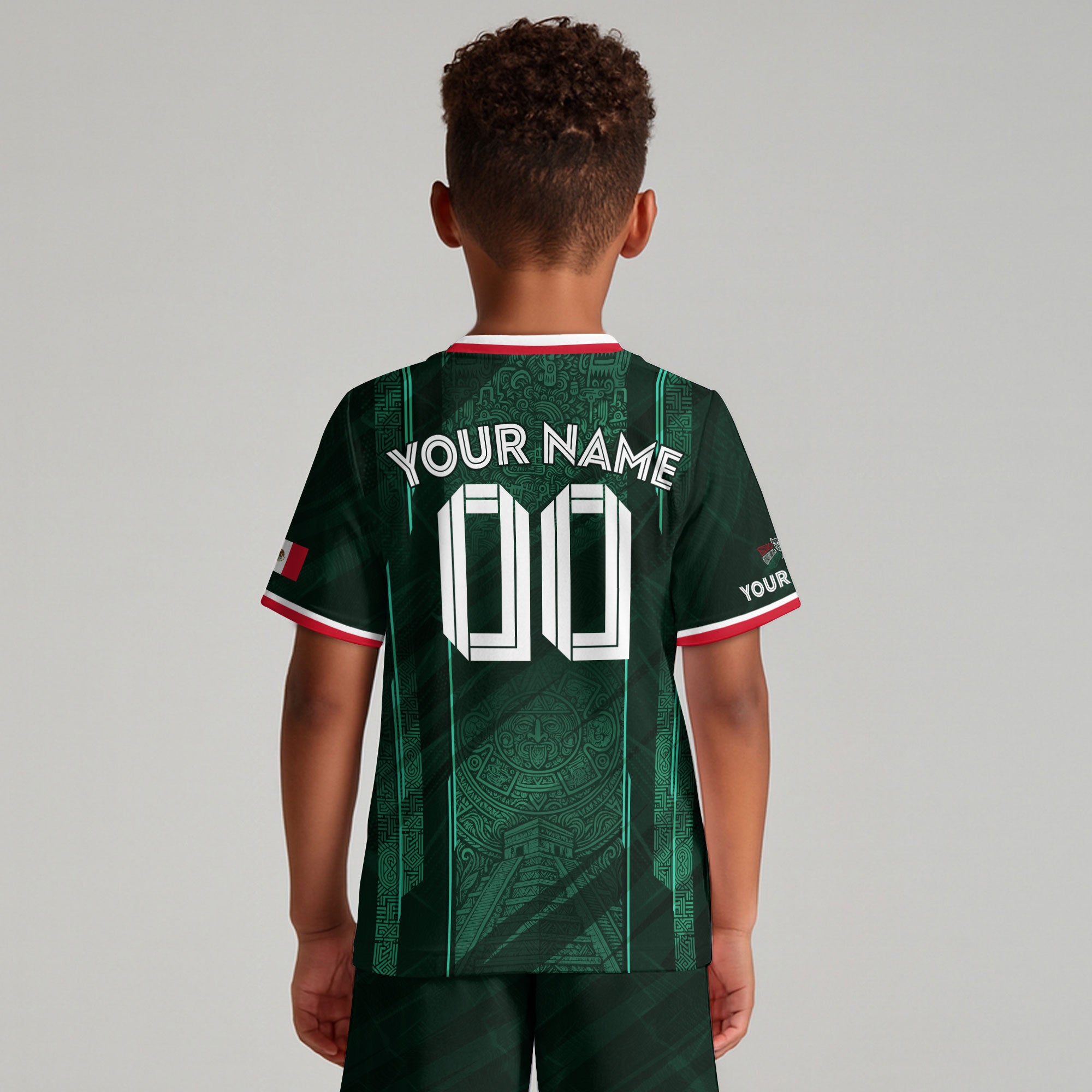 Custom Kids Mexico Soccer Jersey Green Aztec Calendar Design