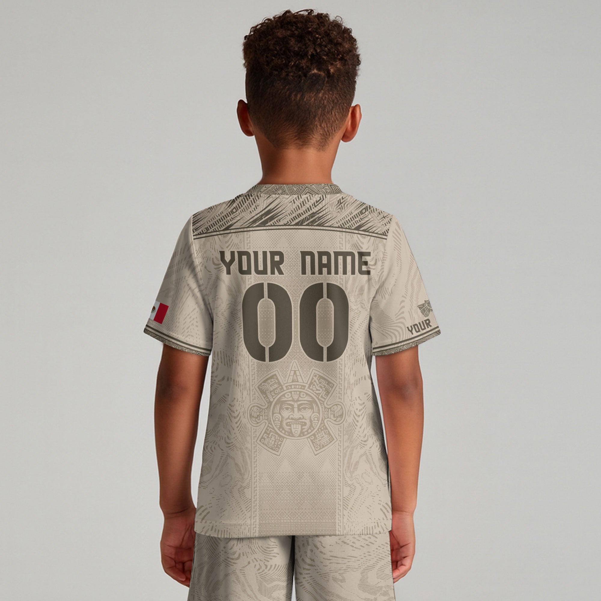 Custom Kids Mexico Soccer Jersey Beige Aztec Eagle Design