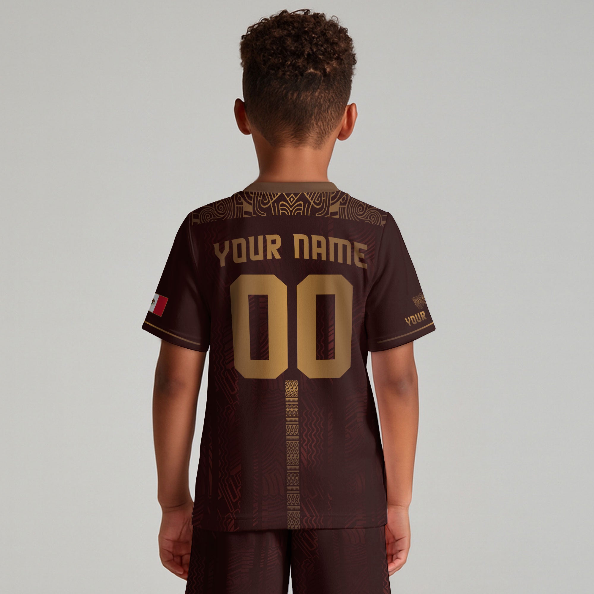 Custom Kids Mexico Soccer Jersey Maroon Aztec Heritage Design