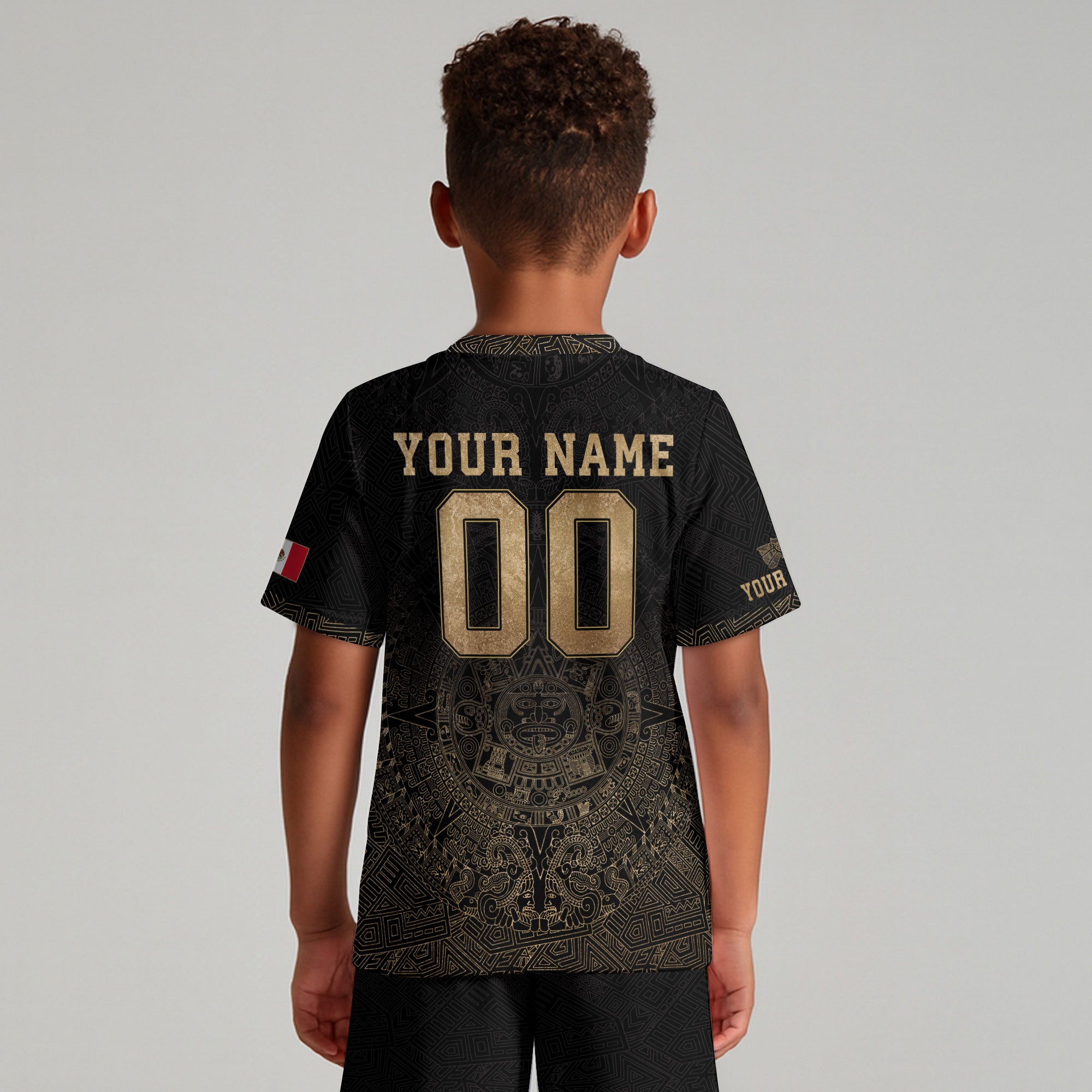 Custom Kids Mexico Soccer Jersey Black Gold Aztec Temple Design