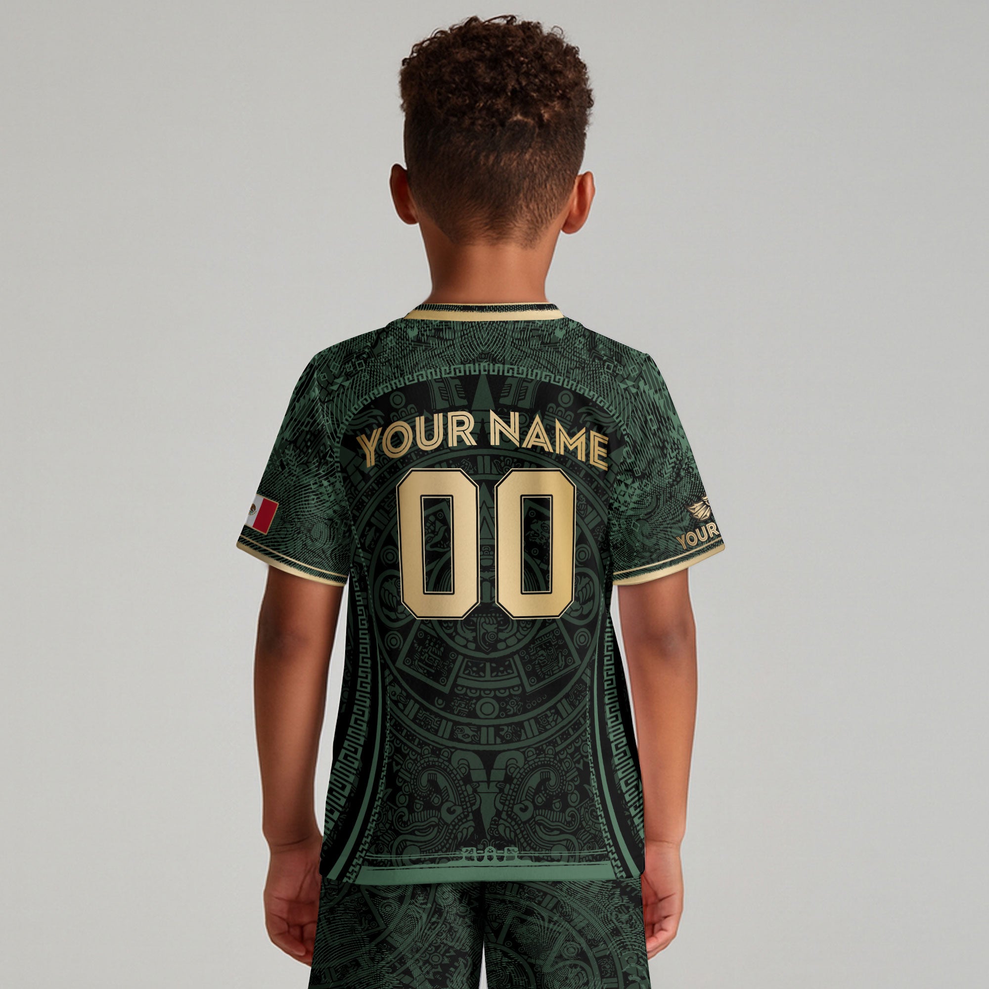 Custom Kids Mexico Soccer Jersey Dark Green Gold Aztec Calendar Design