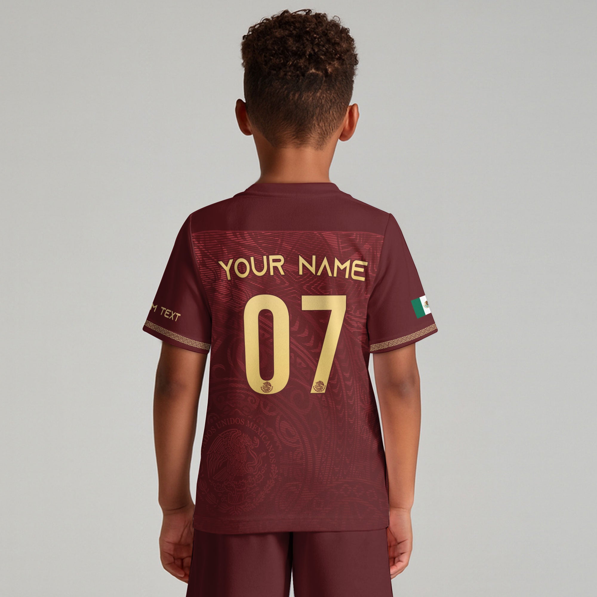 Custom Kids Mexico Soccer Jersey Burgundy Gold Eagle Design