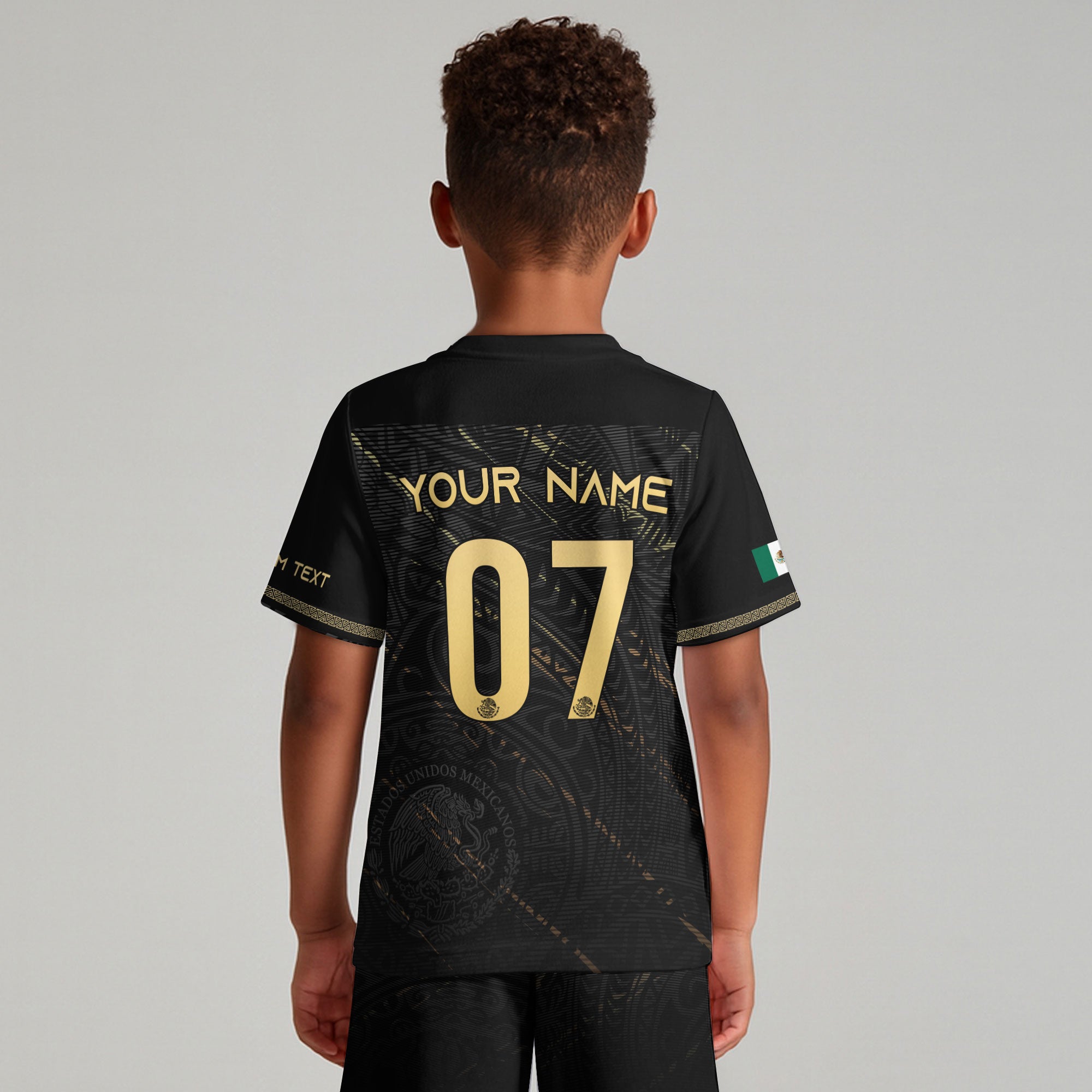 Custom Kids Mexico Soccer Jersey Black Gold Heritage Pattern Design