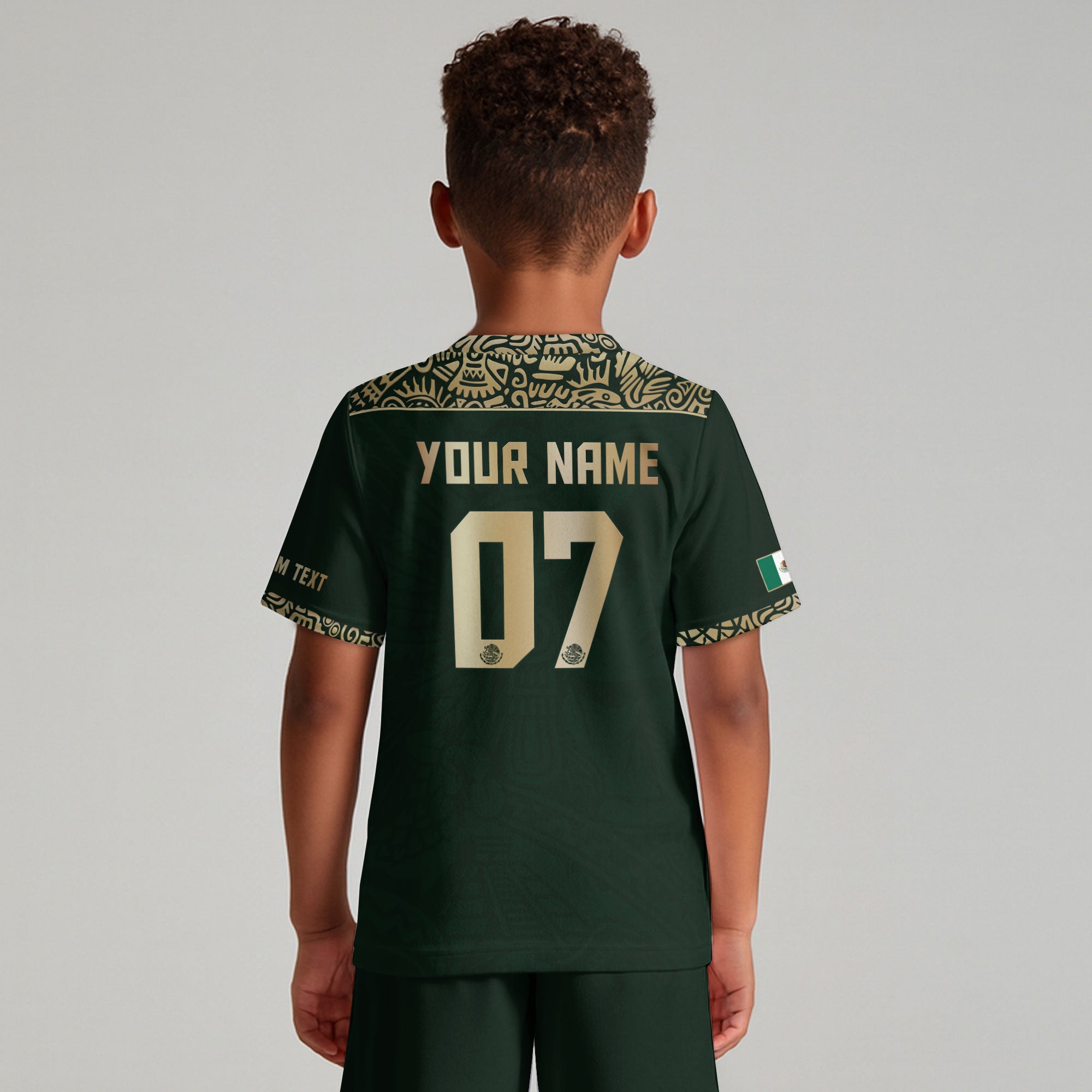 Custom Kids Mexico Soccer Jersey Dark Green Aztec Eagle Design