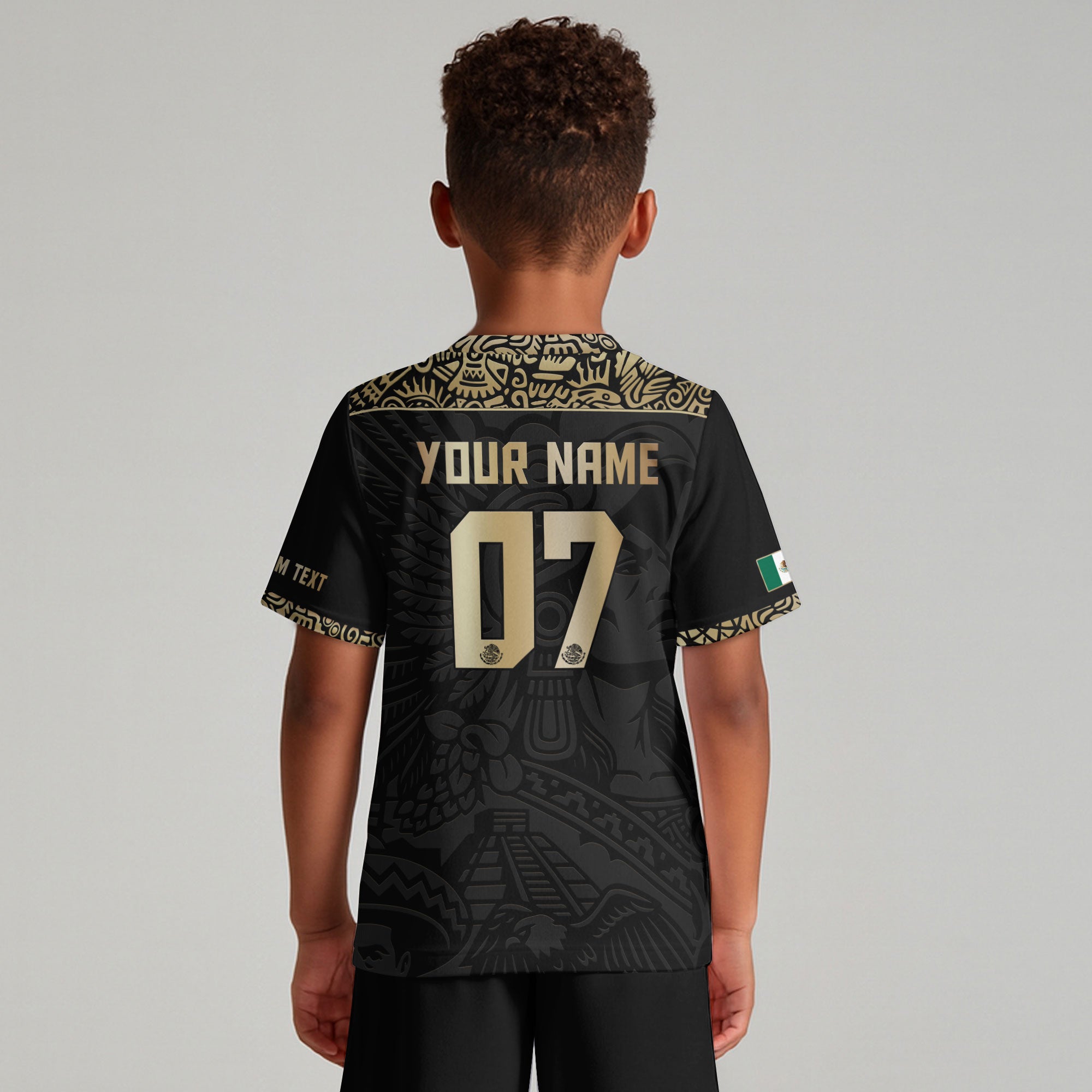 Custom Kids Mexico Soccer Jersey Black Gold Aztec Eagle Design