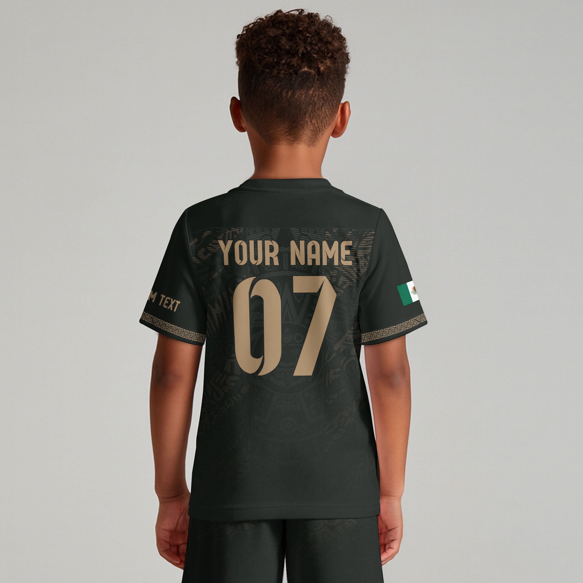 Custom Kid Mexico Black Aztec Eagle Heritage Soccer Jersey
