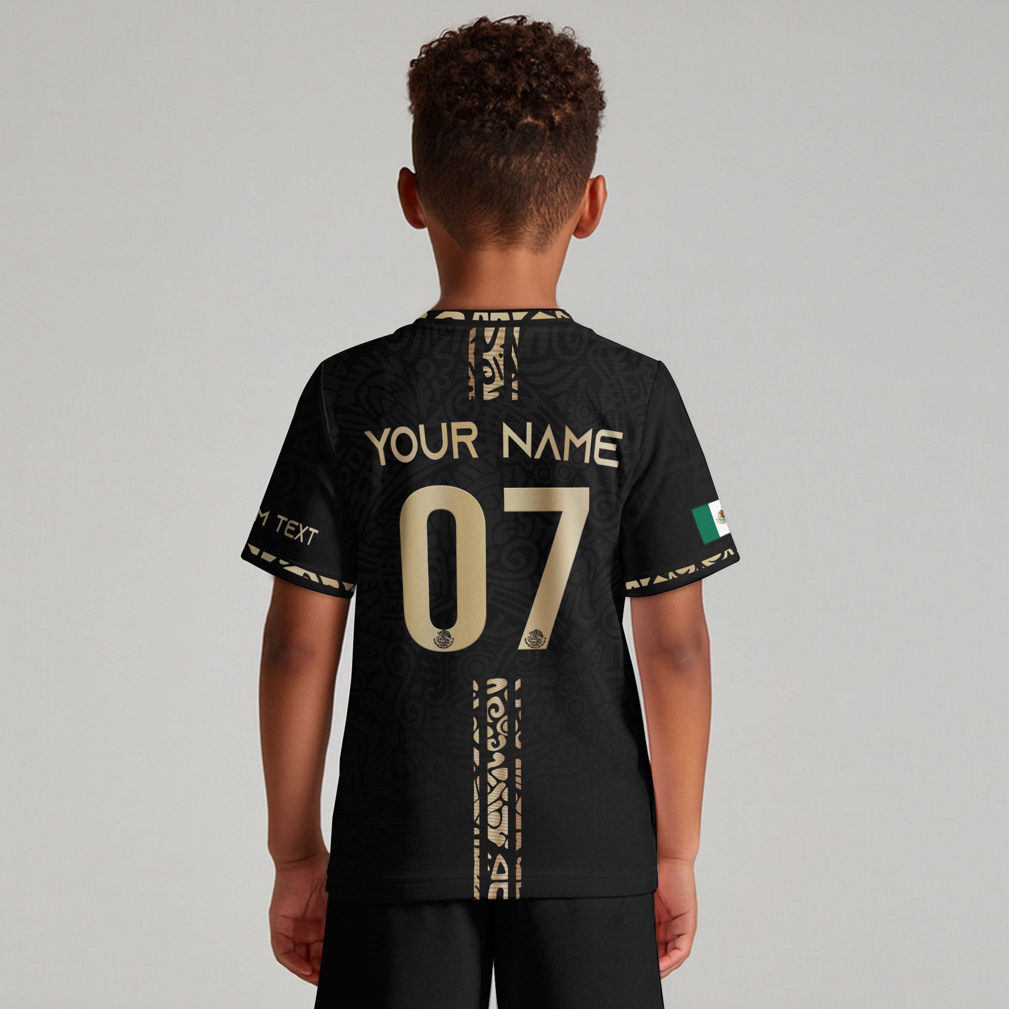 Custom Kid Mexico Aztec Warrior Heritage Black Gold Soccer Jersey