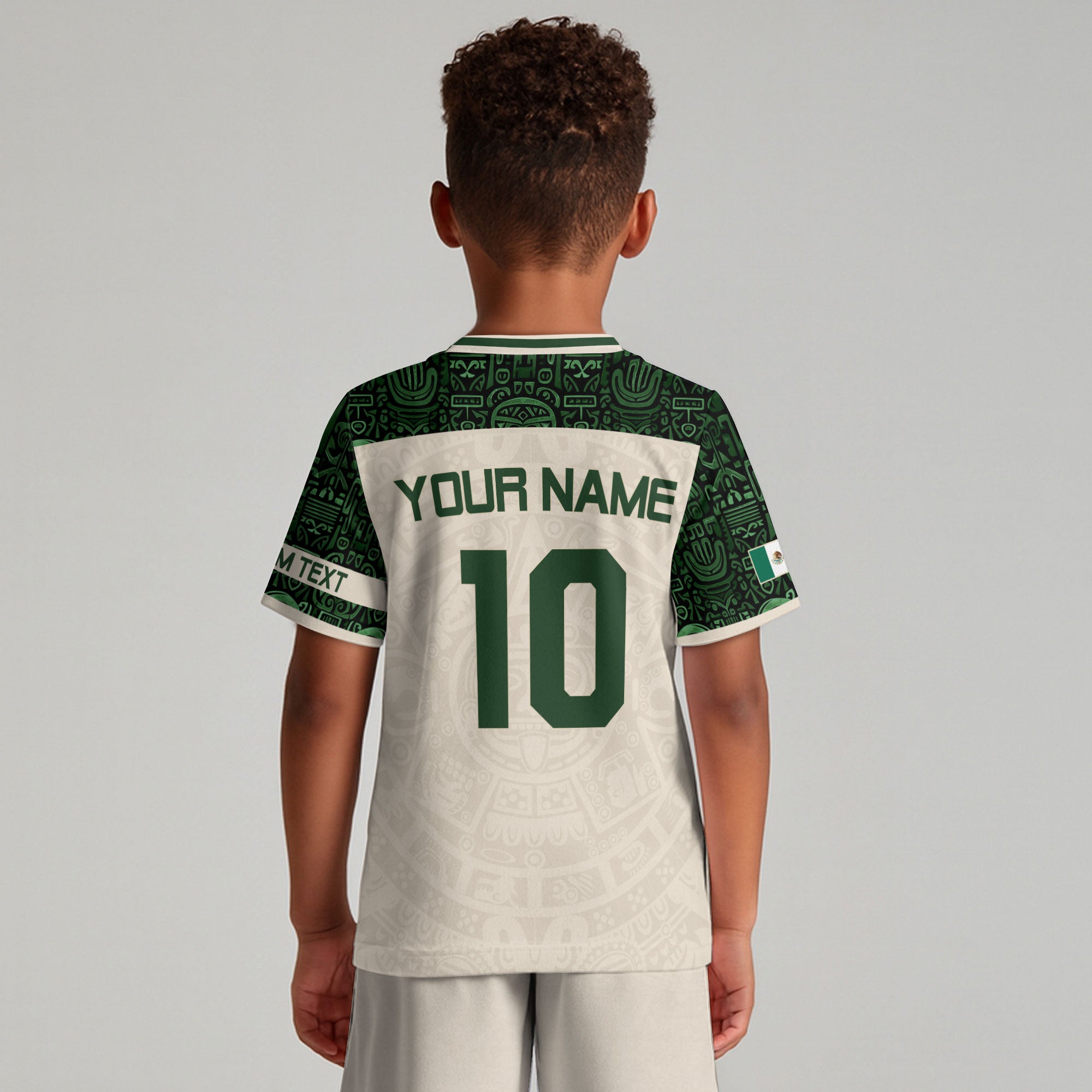 Custom Kid Mexico Beige Green Aztec Eagle Heritage Soccer Jersey