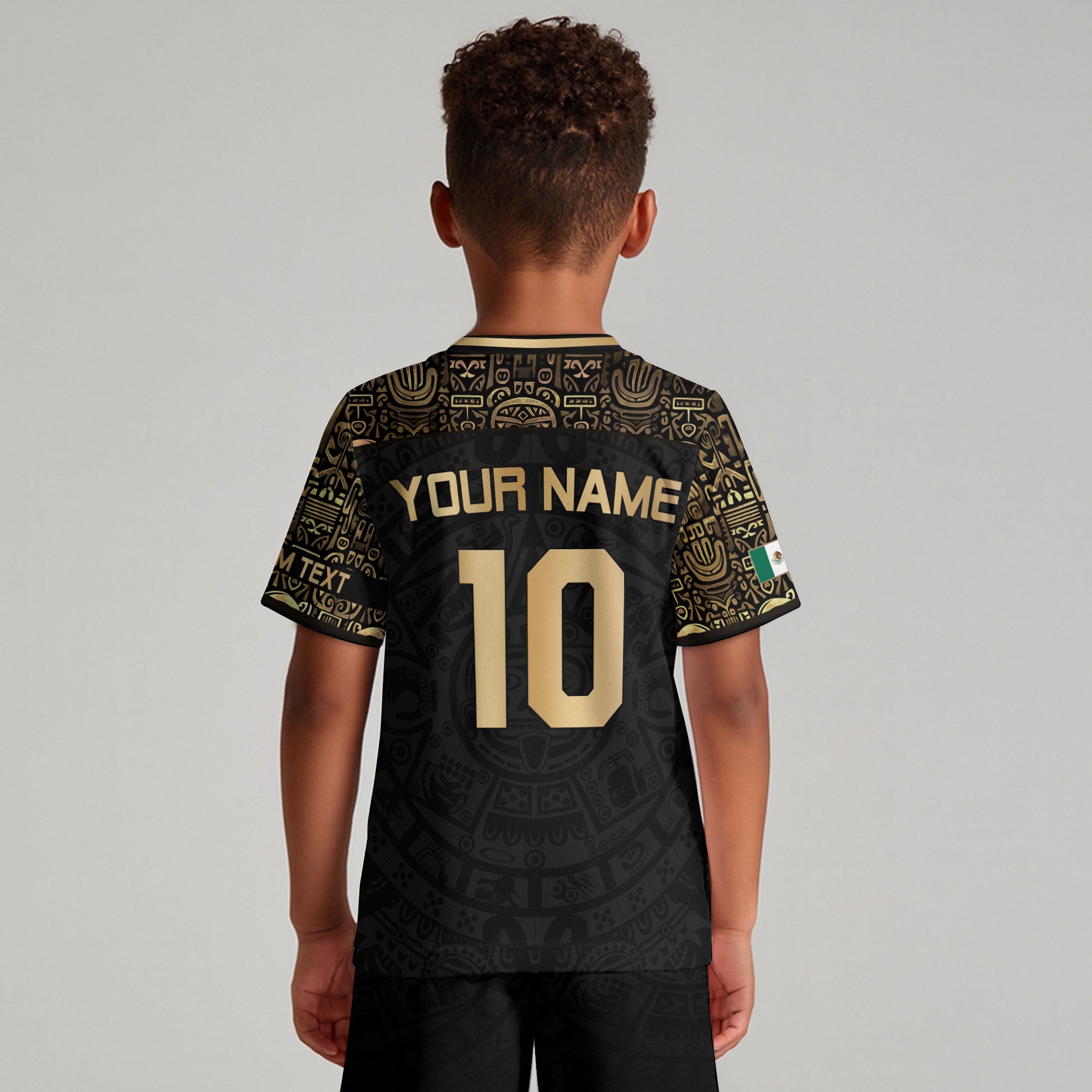 Custom Kid Mexico Black Gold Aztec Eagle Heritage Soccer Jersey