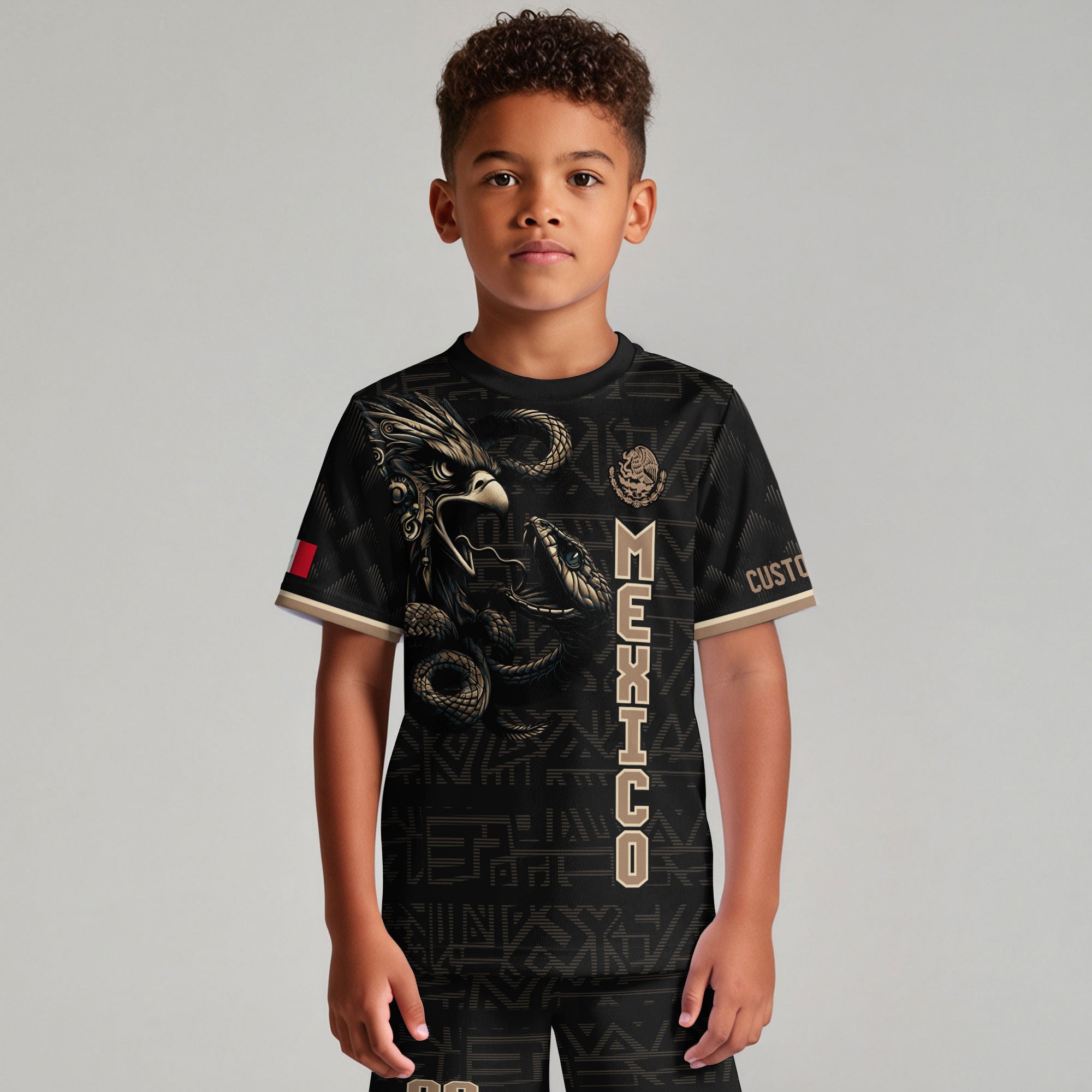 Custom Mexico Kids Soccer Jersey Black Gold Heritage Eagle Snake