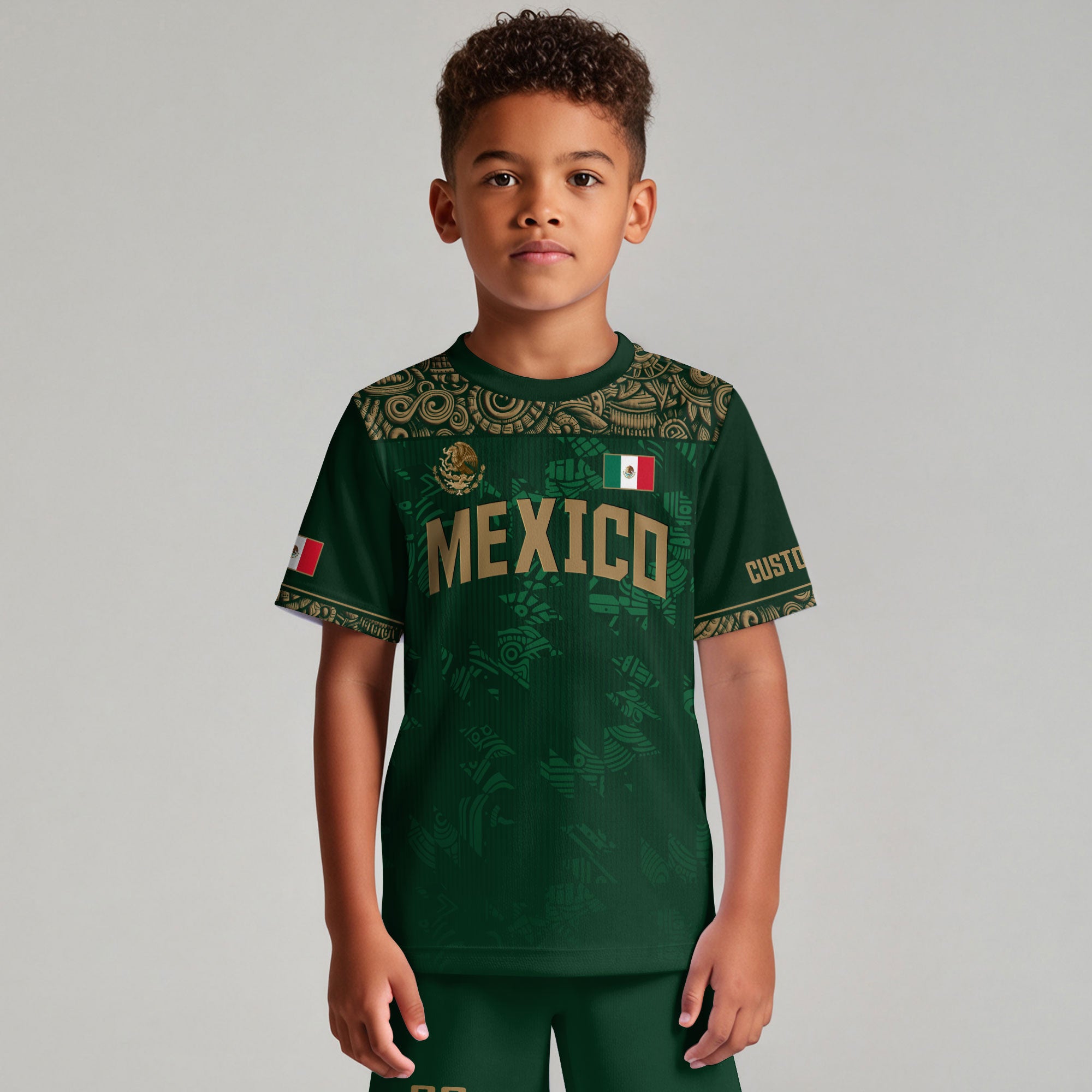 Custom Mexico Kids Soccer Jersey Green Aztec Eagle Edition