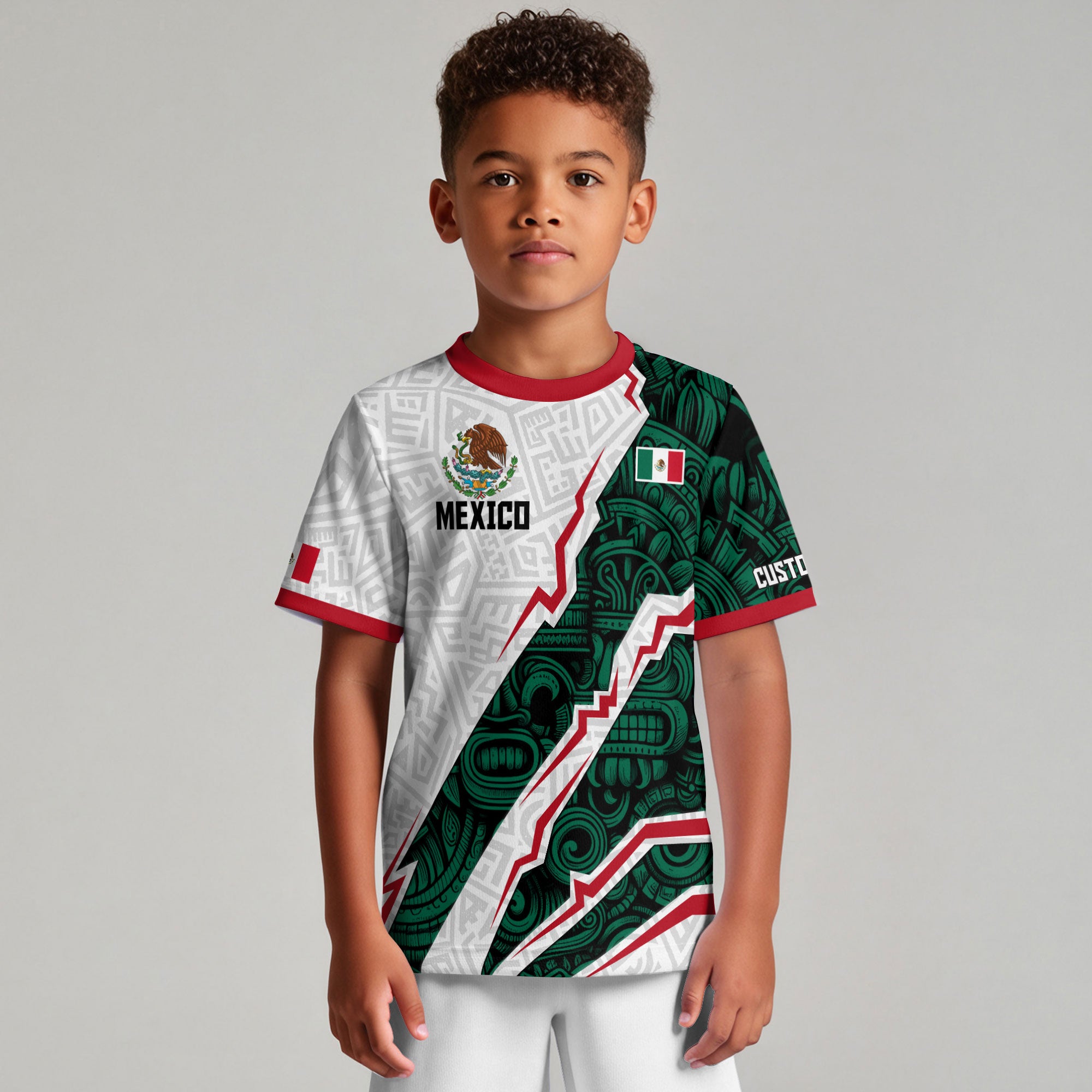 Custom Mexico Kids Soccer Jersey White Green Aztec Design