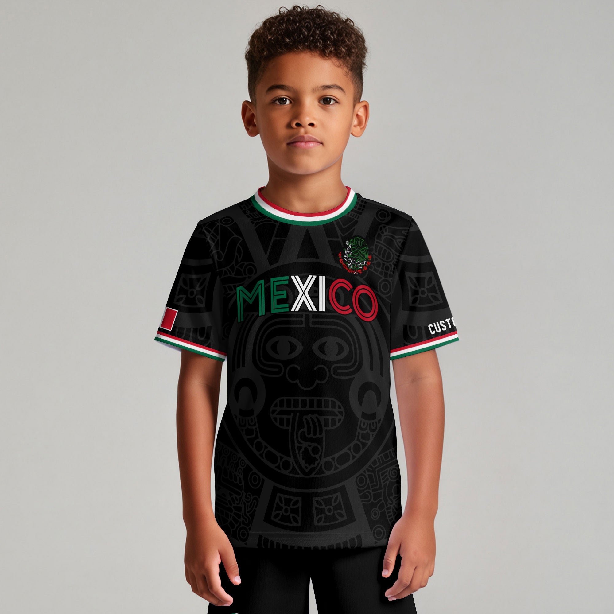 Custom Mexico Kids Soccer Jersey Black Heritage Pattern