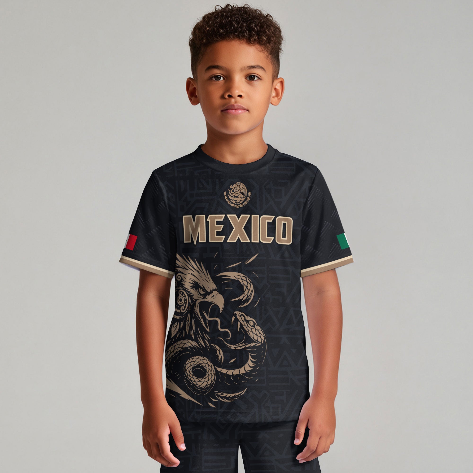 Mexico Kids Soccer Jersey Black Gold Aztec Eagle Serpent Design
