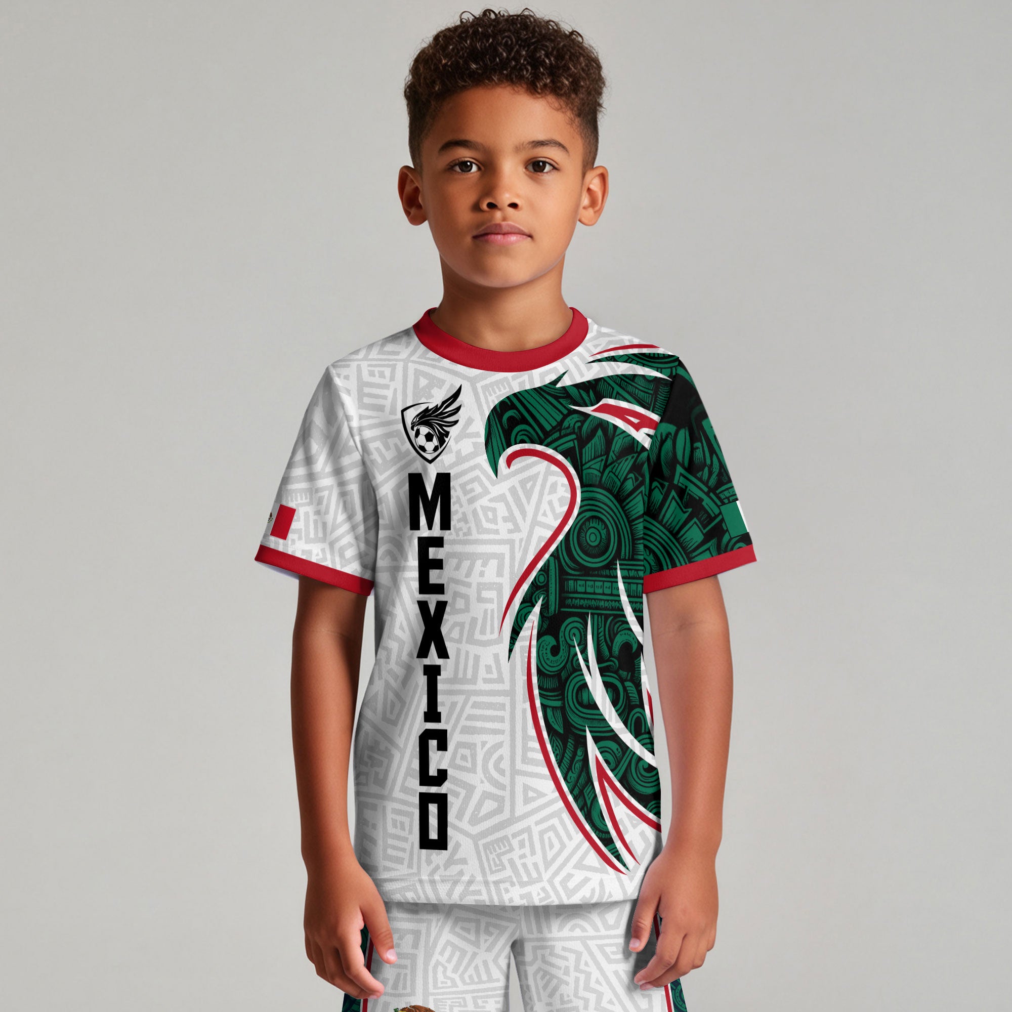 Mexico Kids Soccer Jersey White Green Aztec Eagle Design