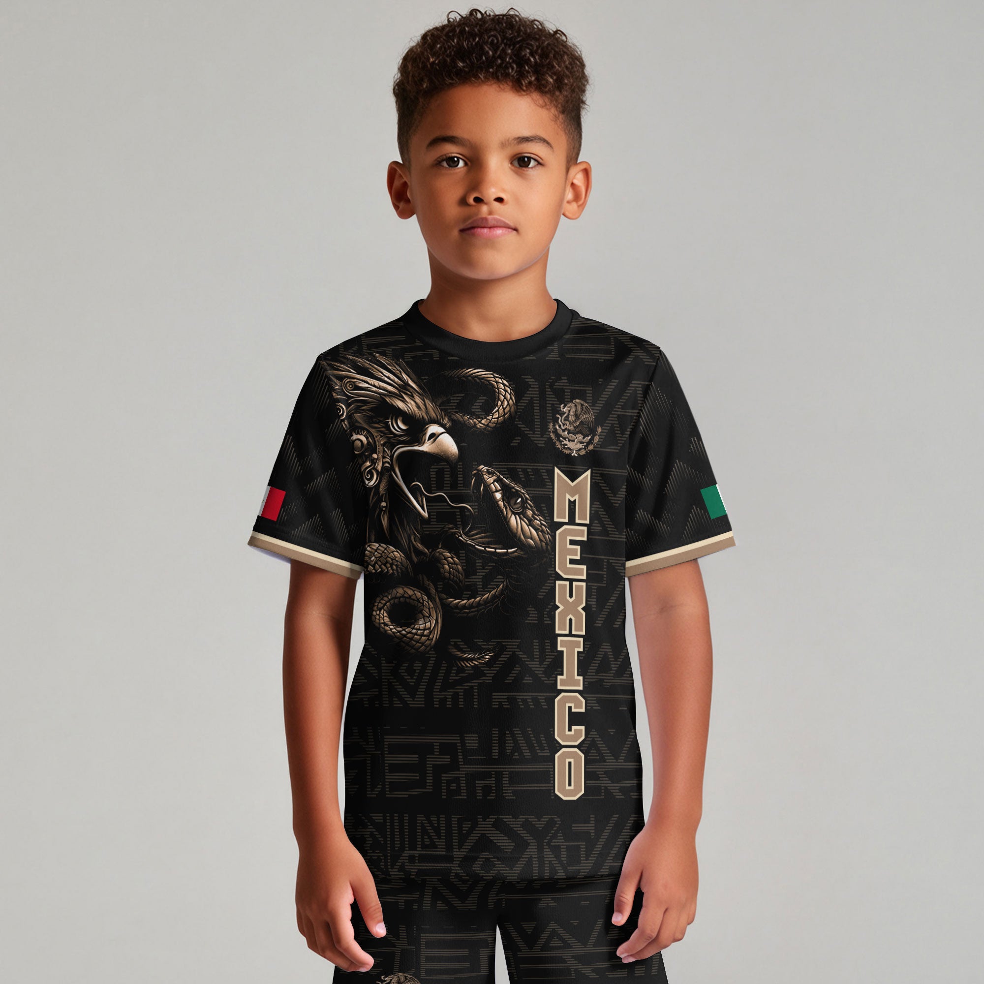 Mexico Kids Soccer Jersey Black Gold Aztec Warrior Eagle Design