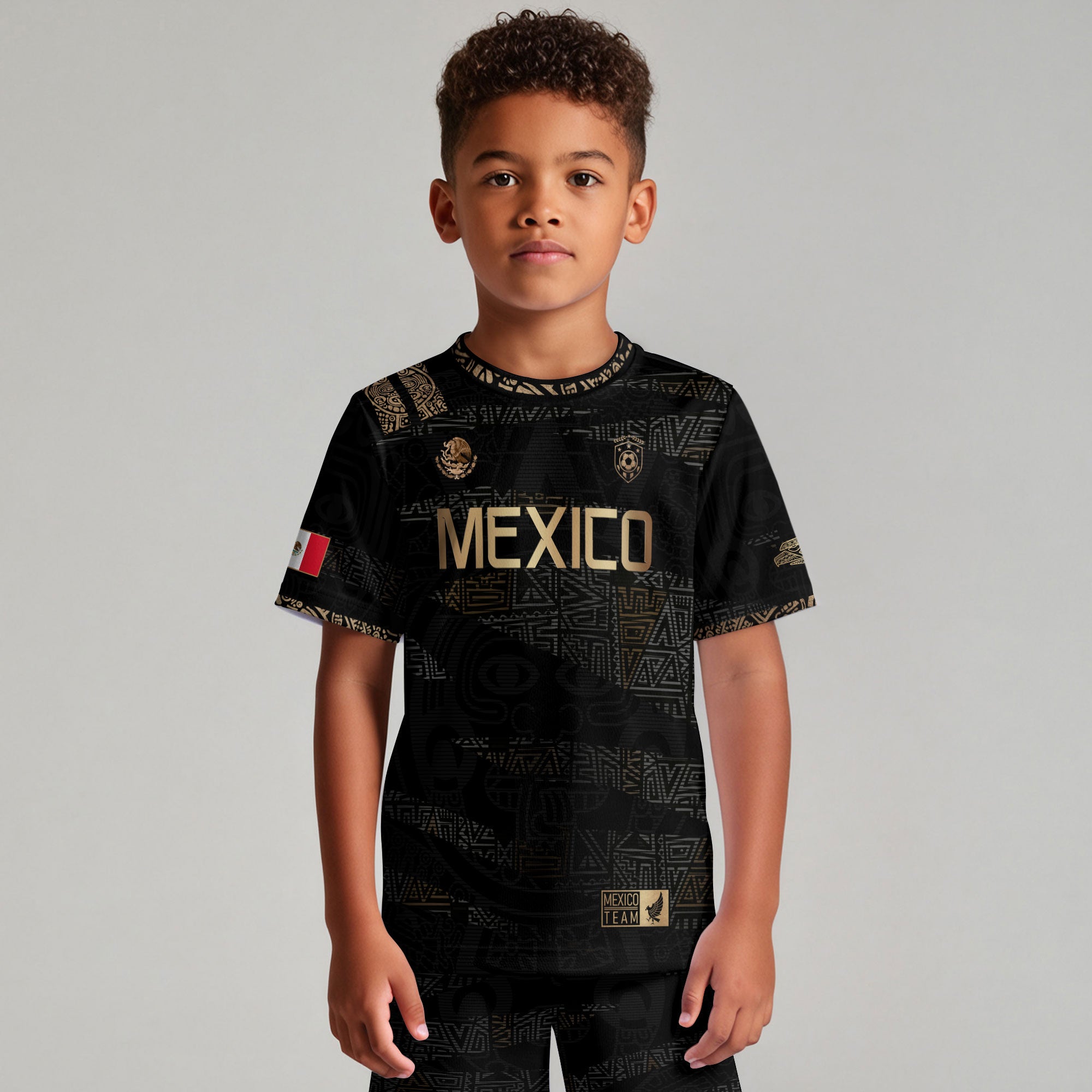 Mexico Kids Soccer Jersey Black Gold Aztec Pattern Crest Design