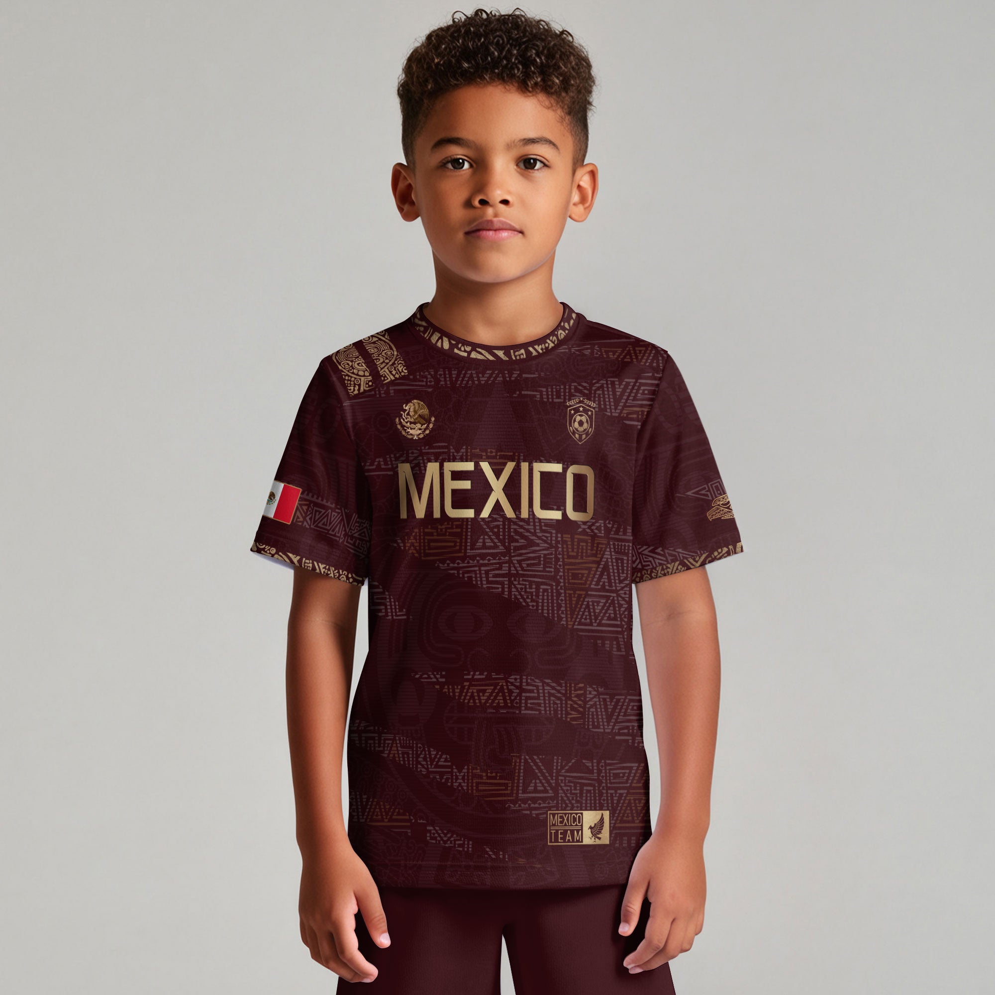 Mexico Kids Soccer Jersey Burgundy Gold Aztec Pattern Crest Design