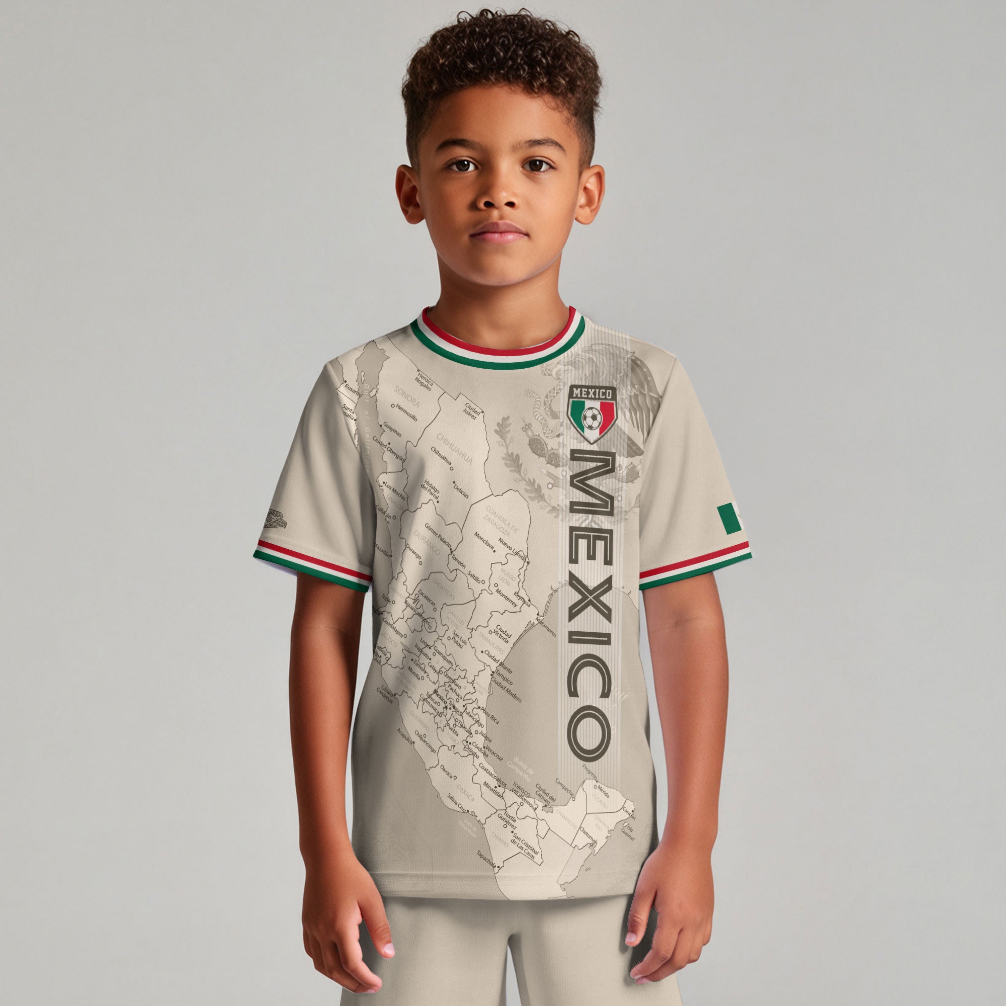 Mexico Kids Soccer Jersey Beige Map Aztec Design