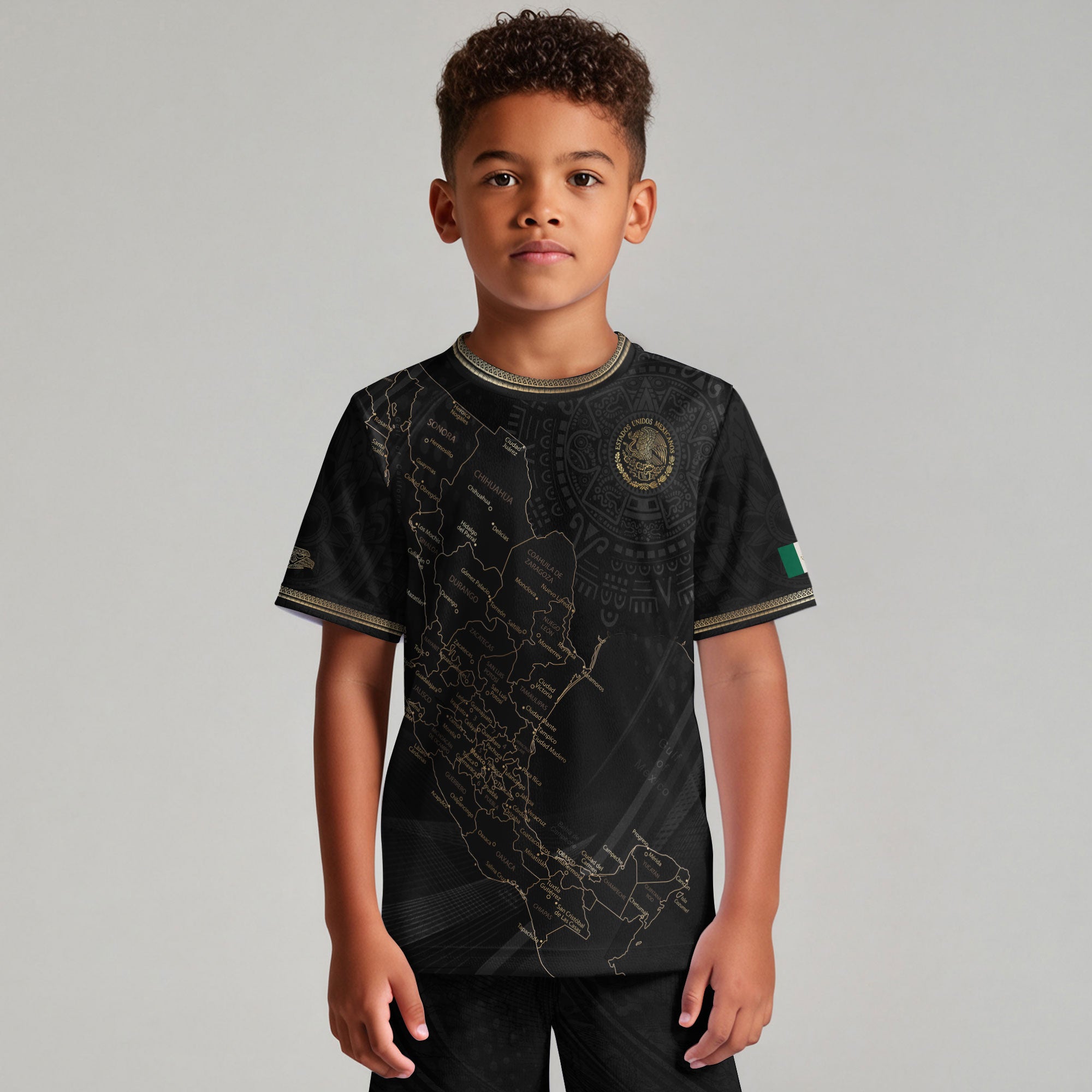 Mexico Kids Soccer Jersey Black Gold Map Aztec Pattern