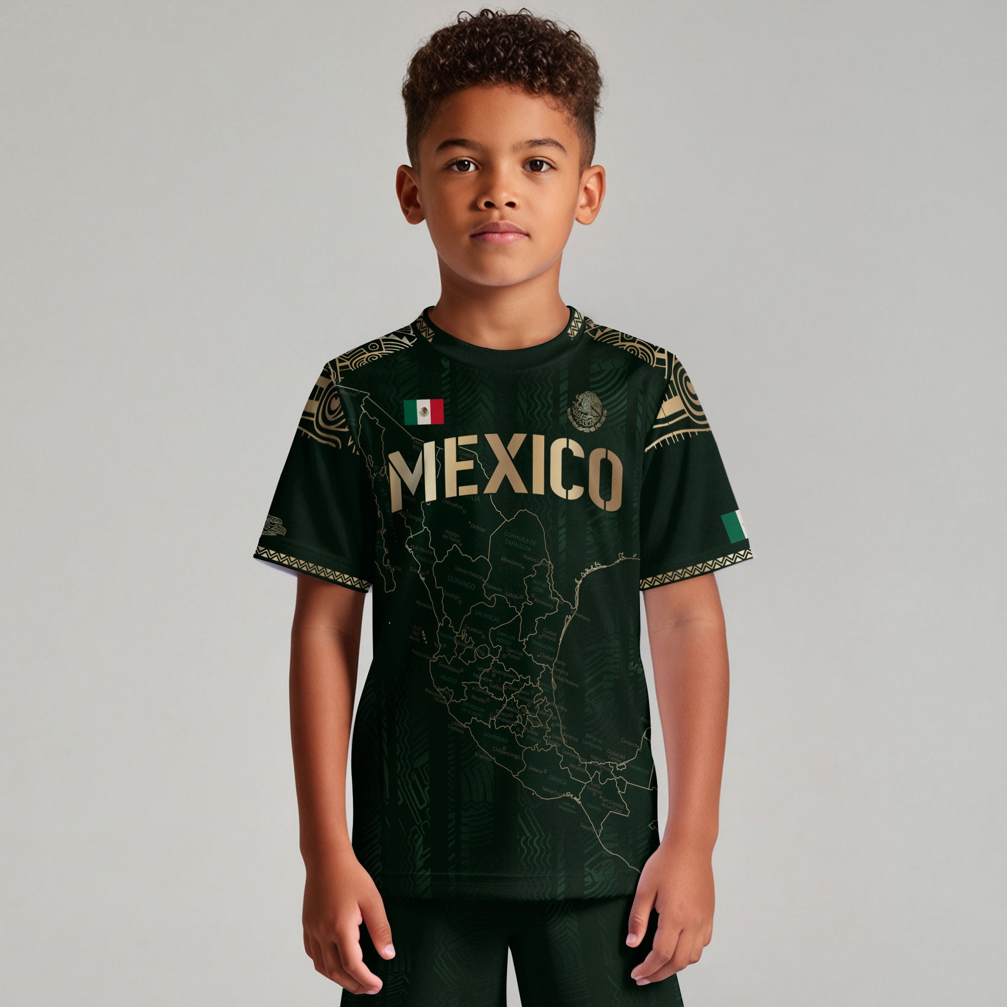 Mexico Kids Soccer Jersey Green Gold Map Aztec Design