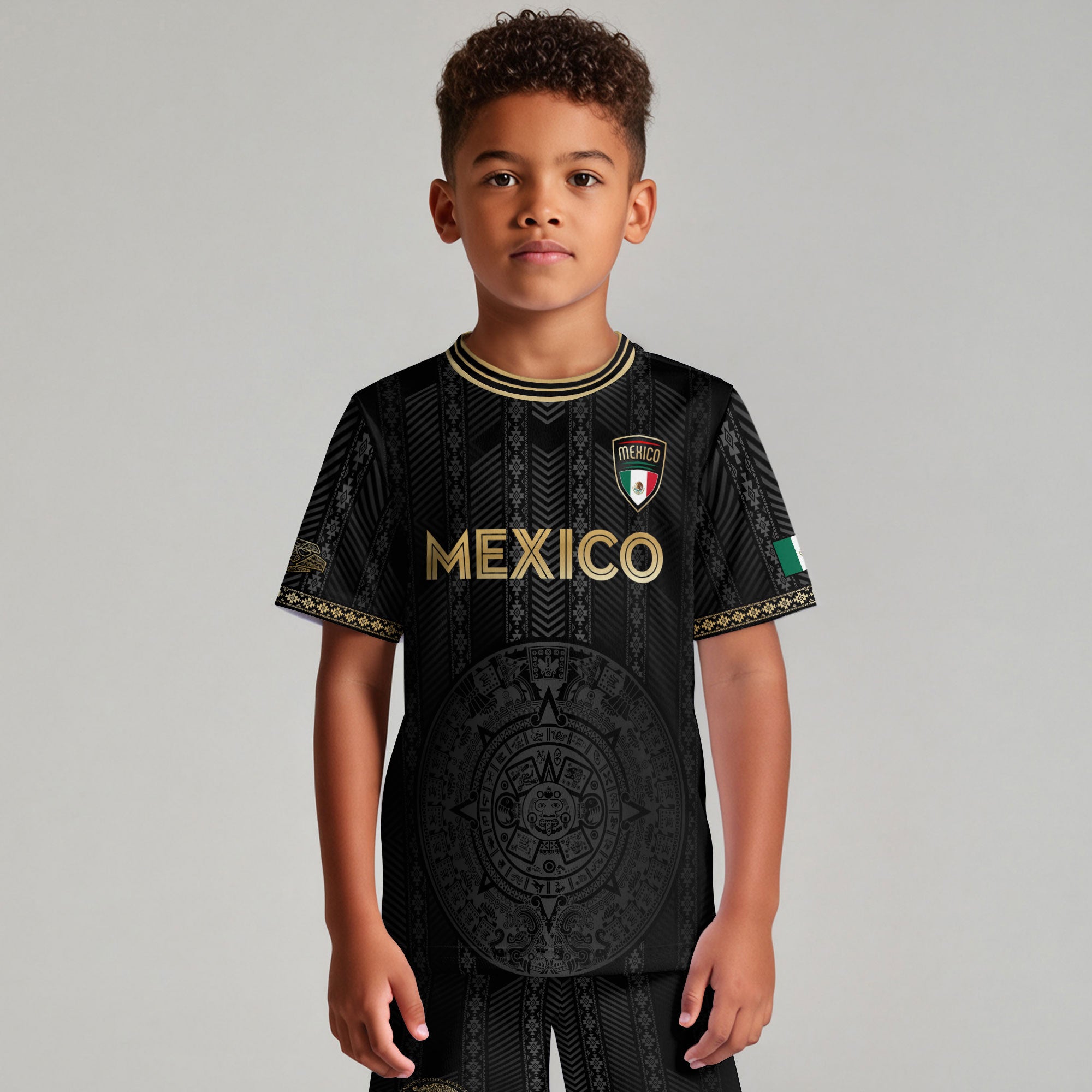 Mexico Kids Soccer Jersey Black Gold Aztec Calendar Design