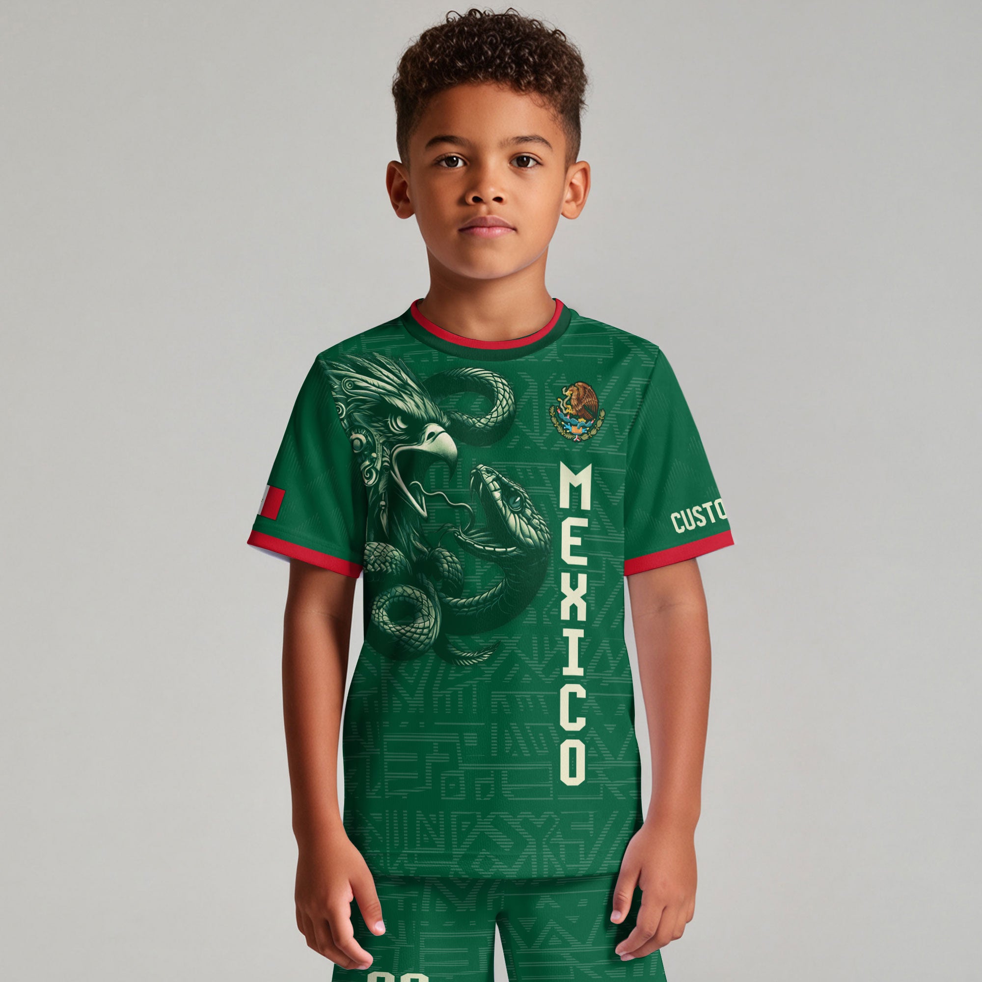 Custom Mexico Kids Soccer Jersey Green Red Aztec Eagle Serpent Design
