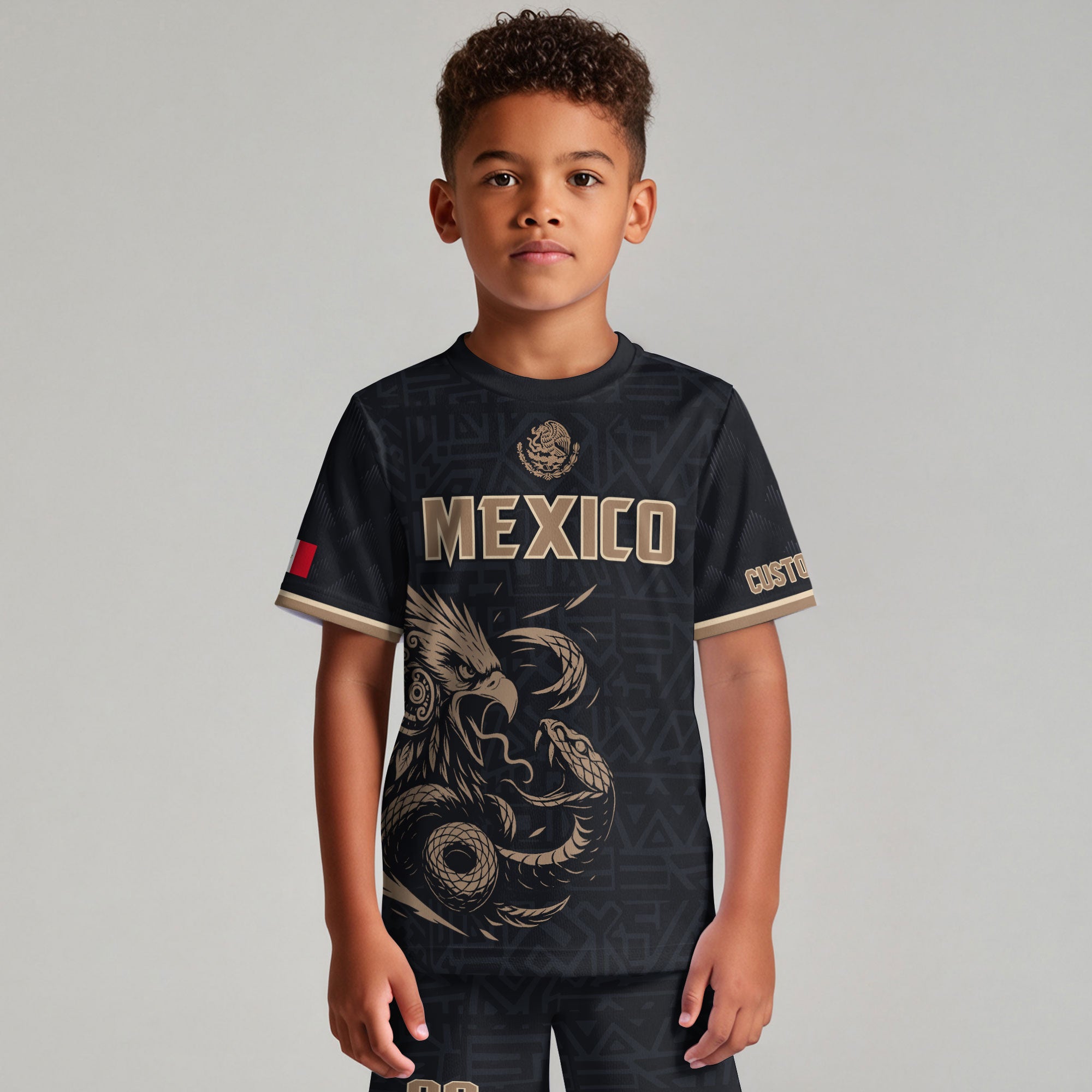 Custom Mexico Kids Soccer Jersey Black Gold Aztec Eagle Serpent Design