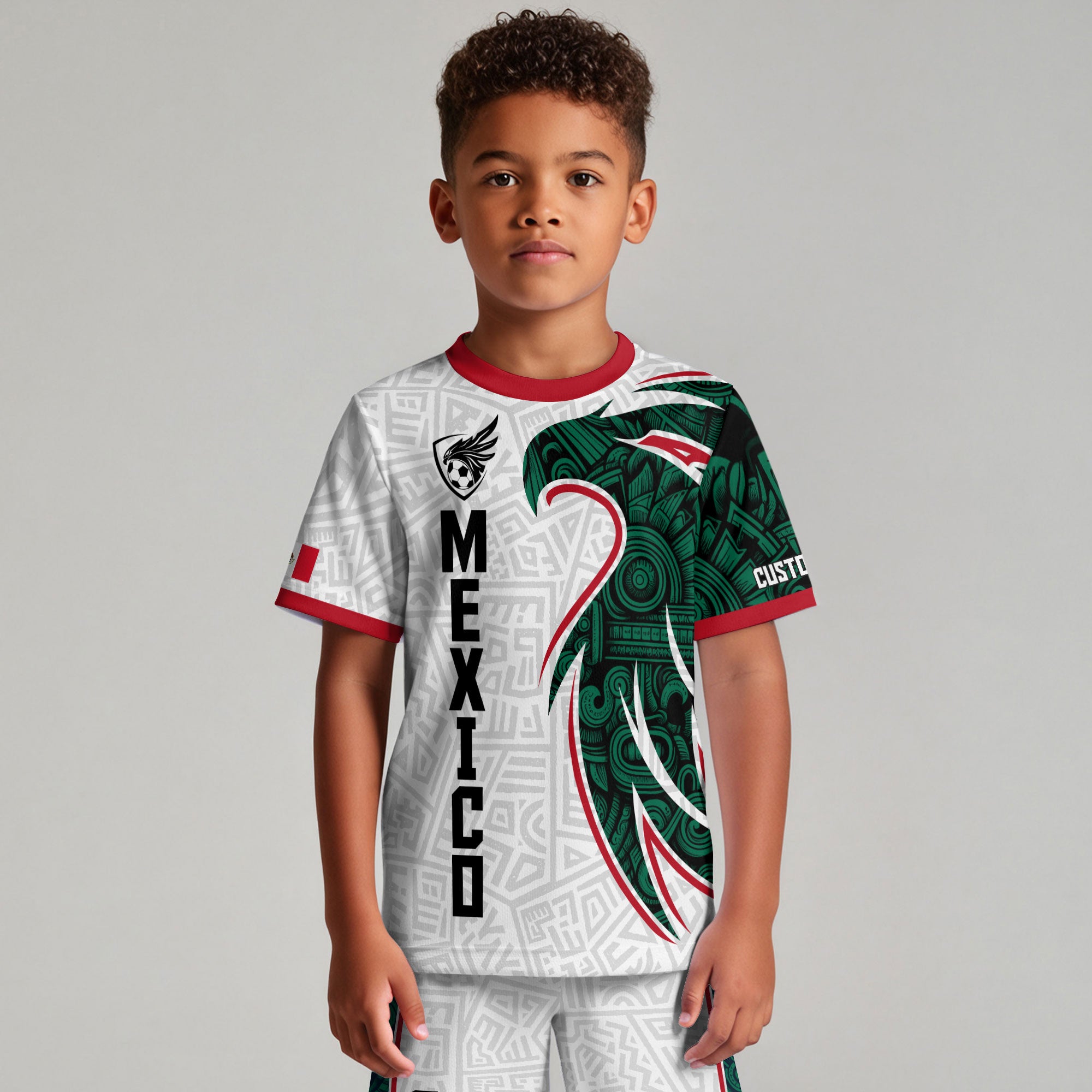 Custom Mexico Kids Soccer Jersey White Green Red Aztec Eagle Design