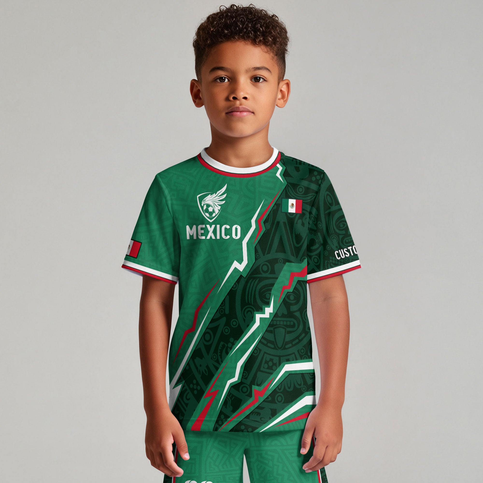 Custom Mexico Kids Soccer Jersey Green Flag Colors Aztec Pattern Design
