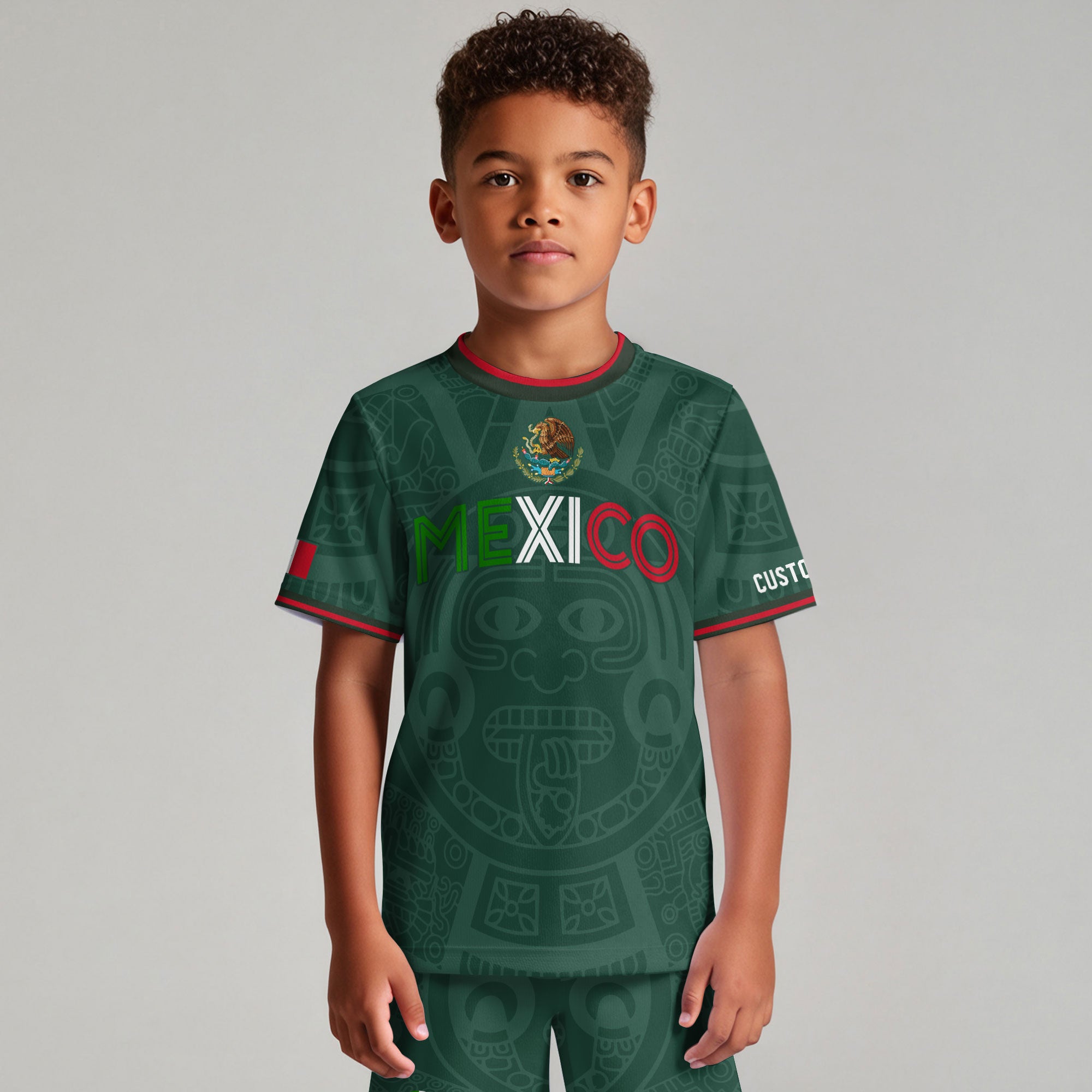 Custom Mexico Kids Soccer Jersey Green Heritage Flag Aztec Pattern Design