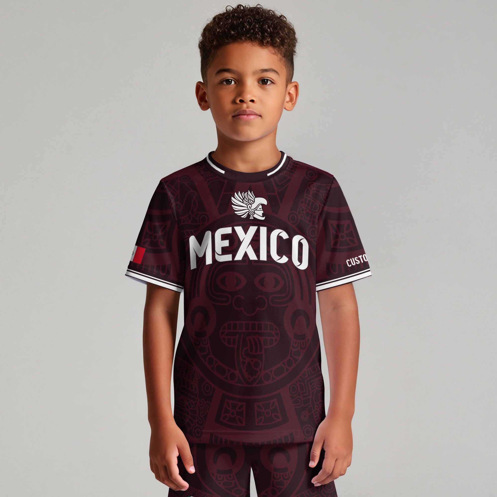 Custom Mexico Kids Soccer Jersey Burgundy Heritage Flag Aztec Pattern Design