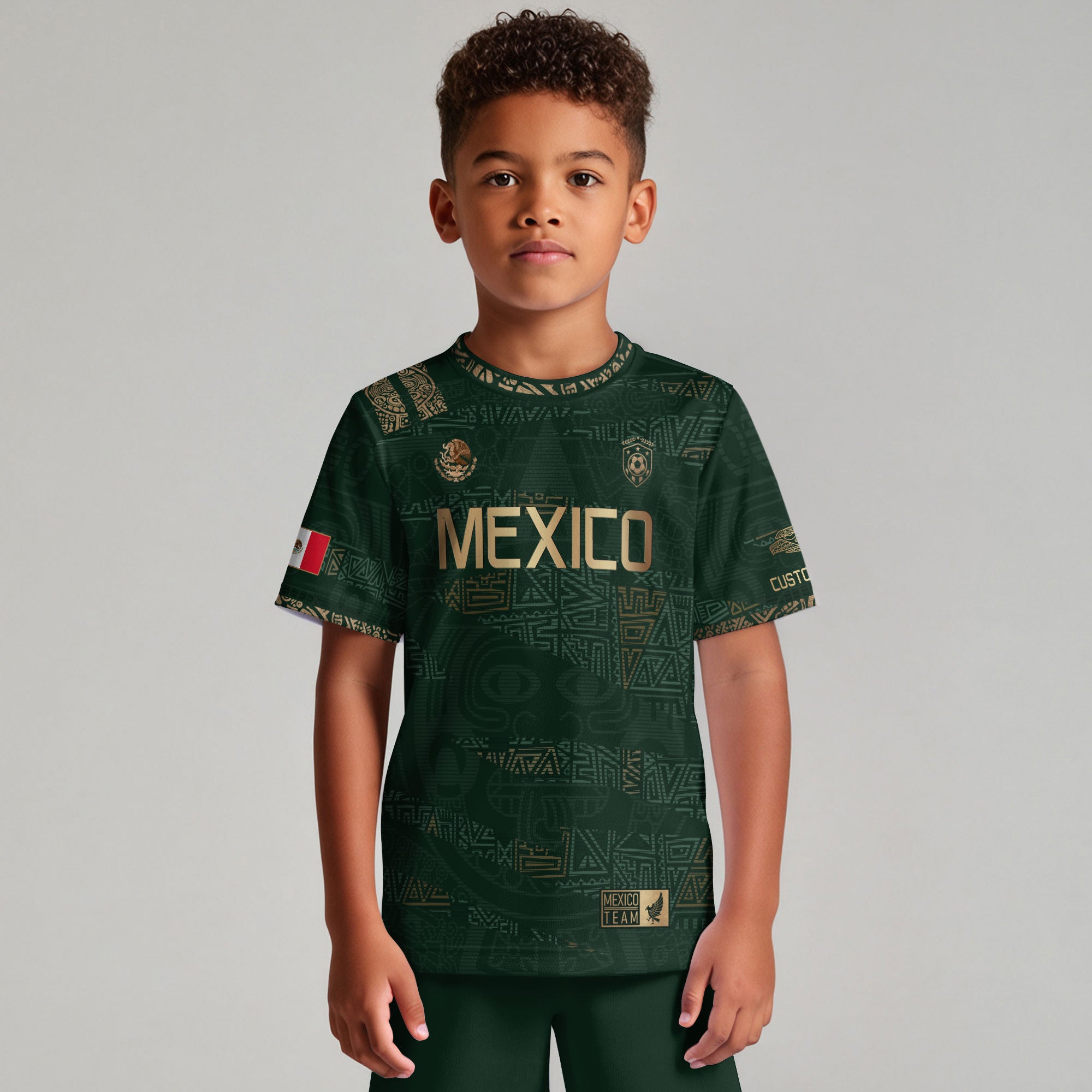 Custom Mexico Kids Soccer Jersey Green Gold Team Edition with Aztec Pattern Design