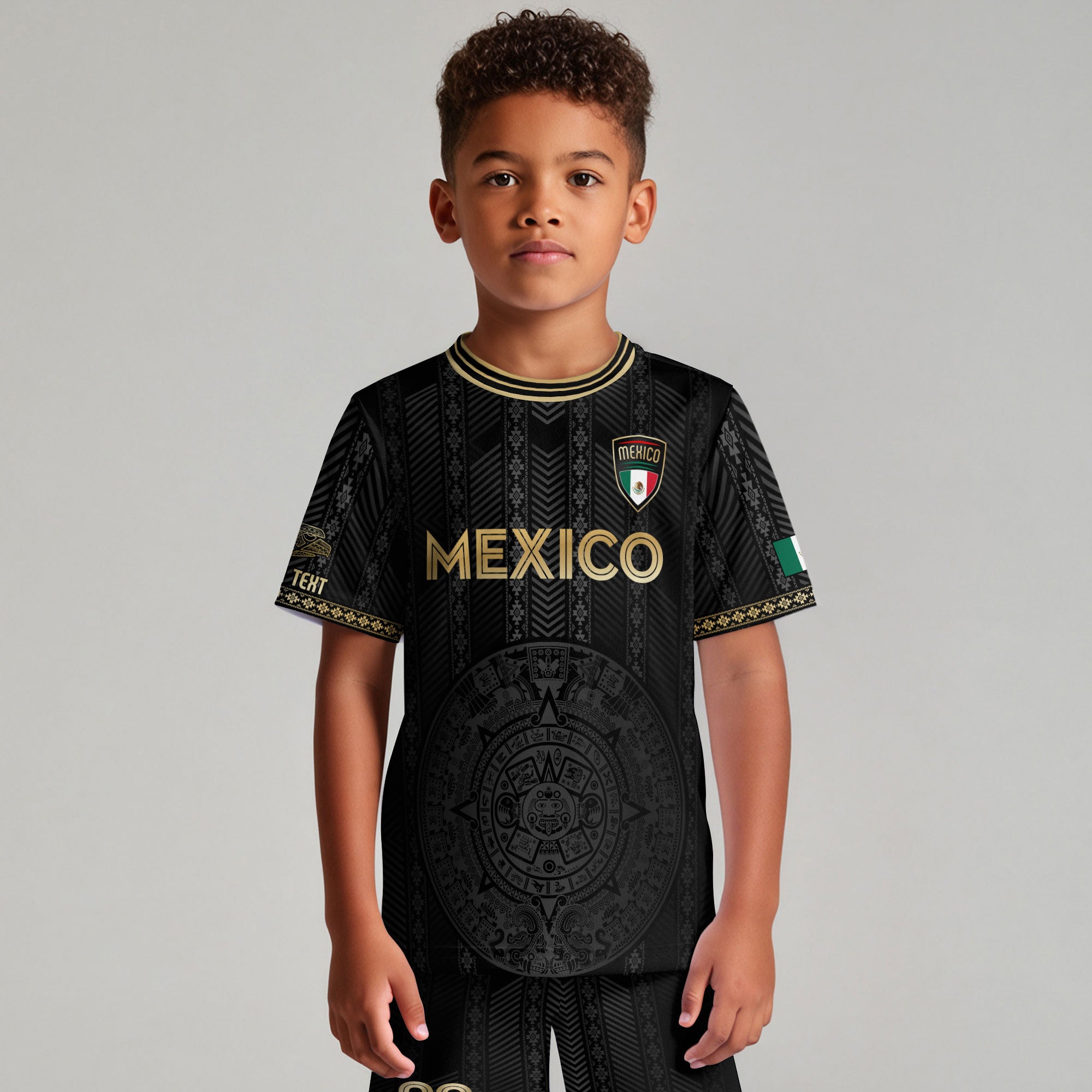 Custom Mexico Kids Soccer Jersey Black Gold Aztec Calendar Design