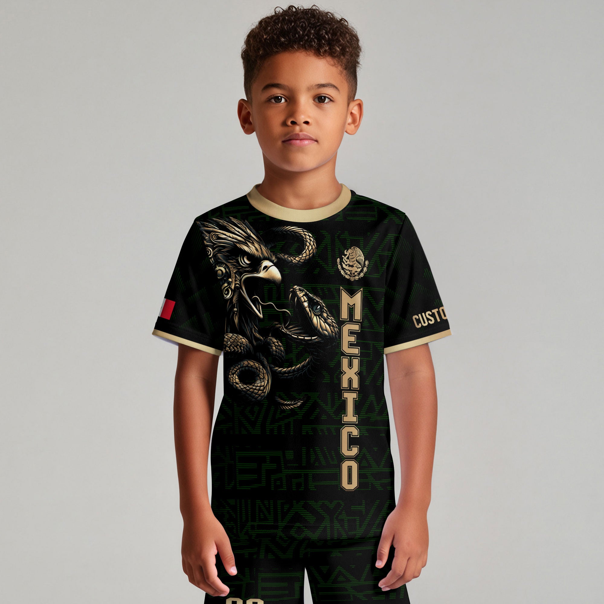 Custom Mexico Kids Soccer Jersey Black Gold Aztec Eagle & Serpent Design